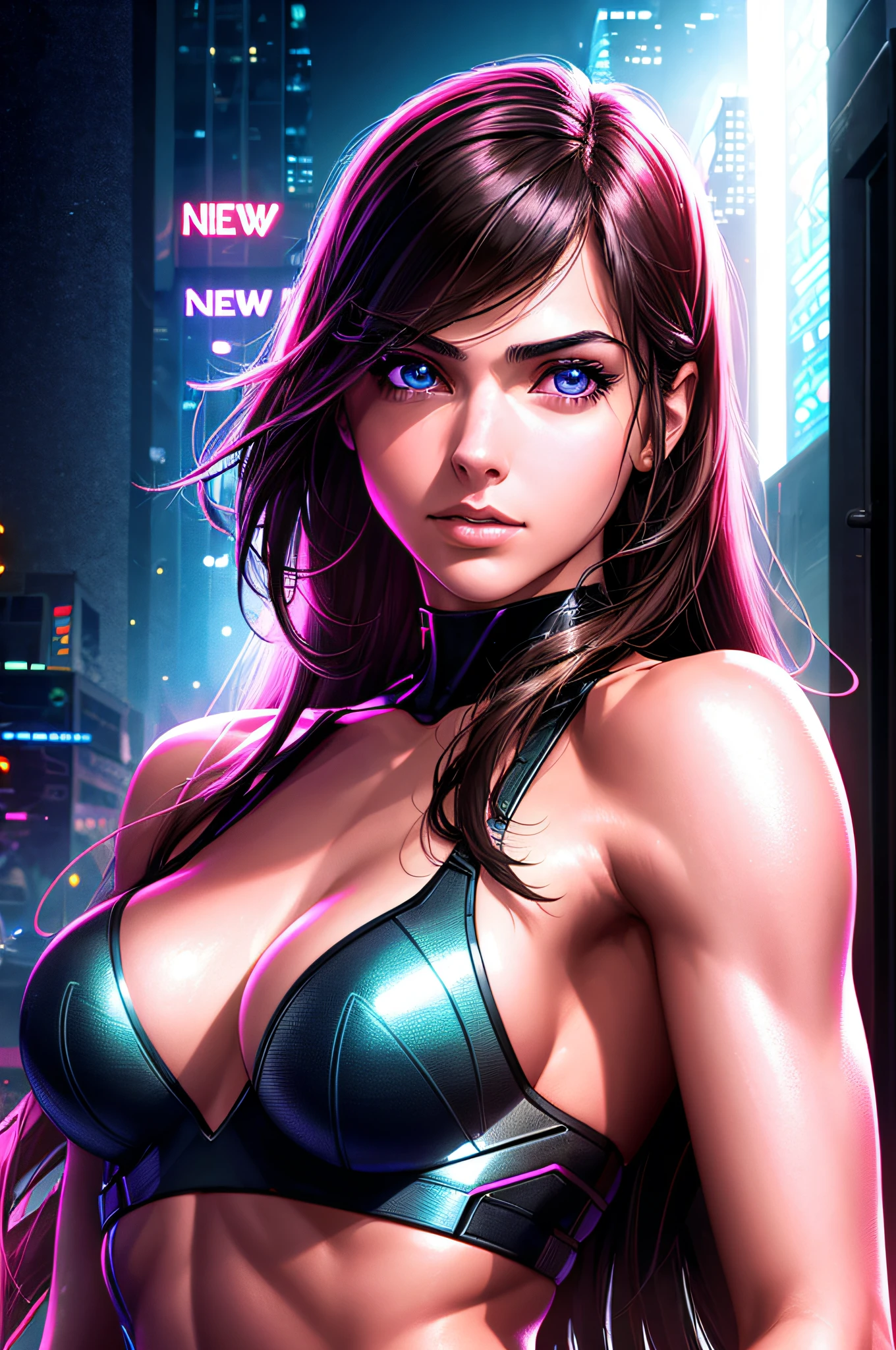 1 girl, fit body, in new york, neon signs, high resolution, ultrasharp face and eyes, 8k, sensual look, hands not showing, upper body, gal gadot, long hair