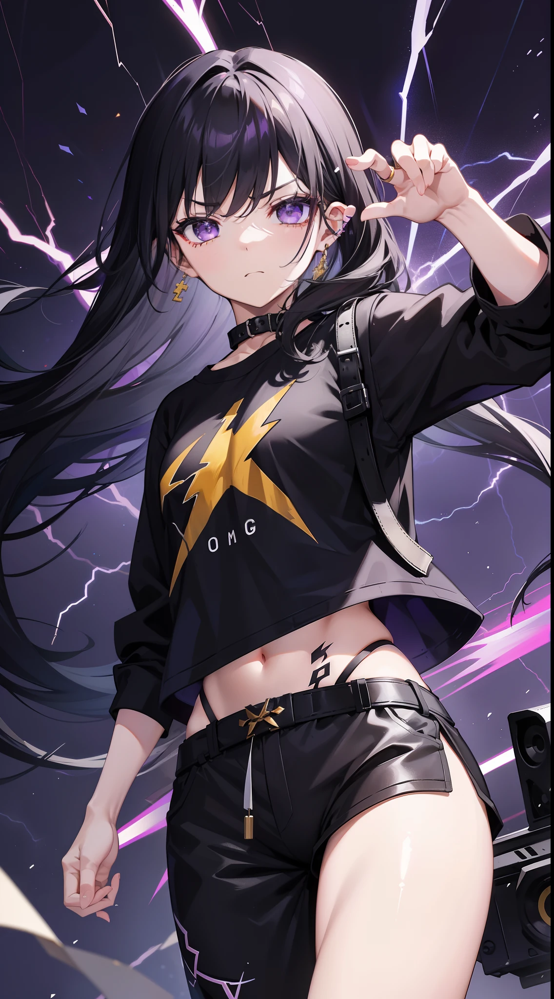 young girl, Long black hair, Black Eyes, purple tight top, baggy pants, Gold patterns, Tatoo, anger, lightning bolts, Masterpiece, hiquality, 4k, HD, Good detail