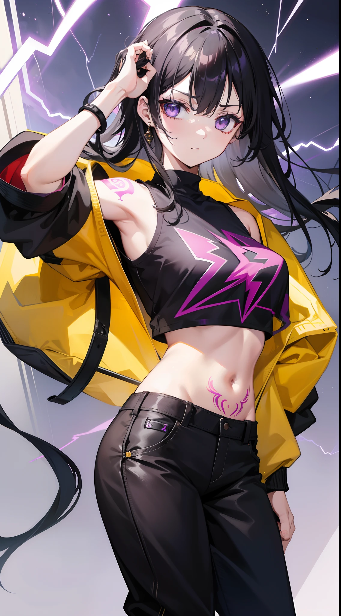 young girl, Long black hair, Black Eyes, purple tight top, baggy pants, Gold patterns, Tatoo, anger, lightning bolts, Masterpiece, hiquality, 4k, HD, Good detail