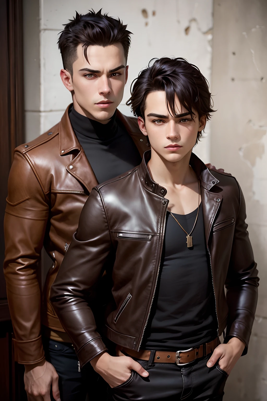 Damian Fox retrato del personaje del libro de Alex Martinez... black-eyed pale boy short black hair rowdy young ager beautiful serious in brown leather jacket, rasgos definidos rostro serio y cansado realista HD