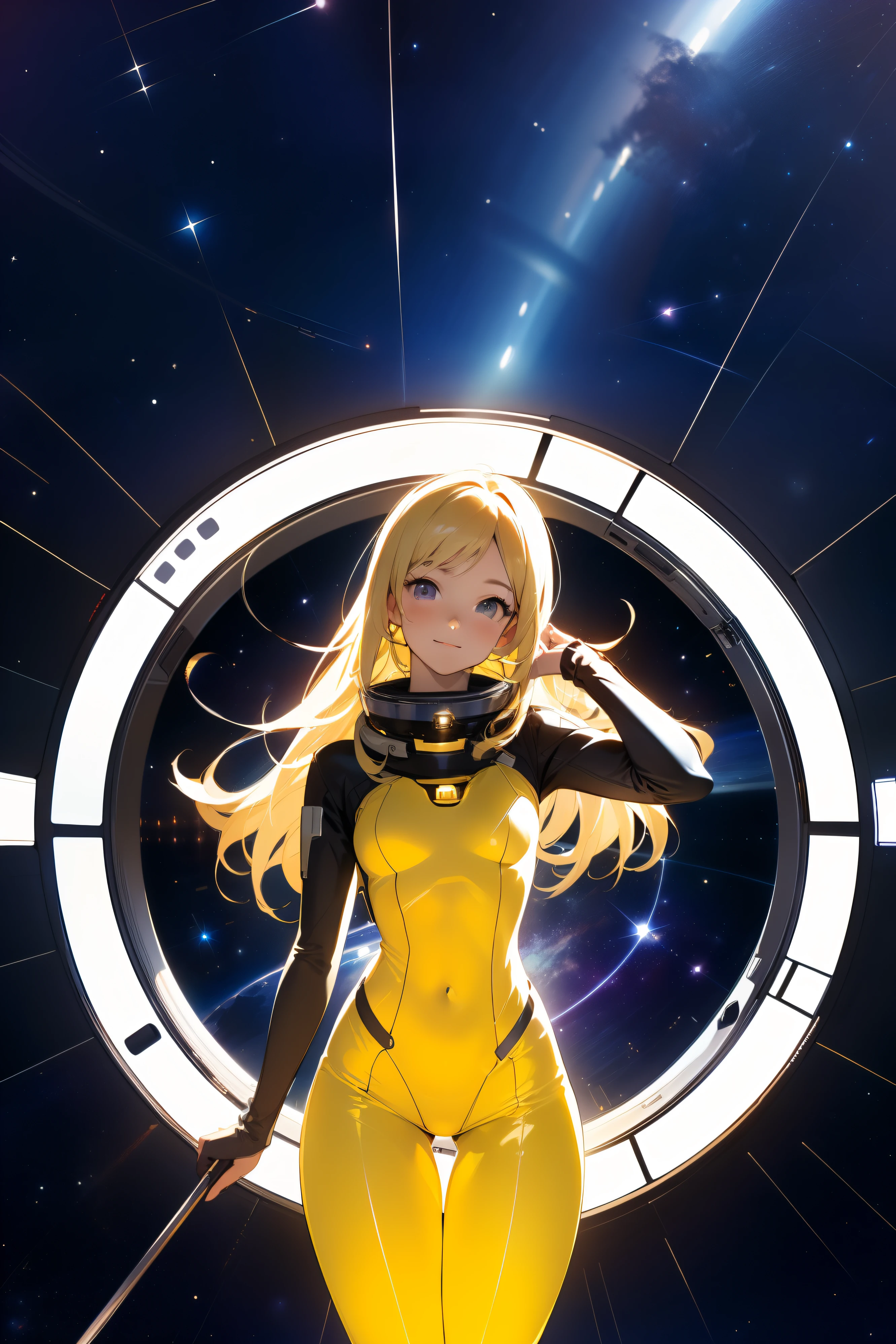 (masterpiece, best quality:1.2), (cowboy shot:1.1), solo, 1girl, mori yuki, slight smile, closed mouth, side view, looking at viewer, blonde hair, long hair, thigh gap, yellow bodysuit, skin-tight, perfect body, large window, (starship porthole:1.3), (spread legs:1.3), (standing:1.1), thigh gap, sensual pose, sideview, perfect hands, bright starship interior, (outer space view:1.1), (orbital view:1.3), (night, stary sky:1.5), milky way