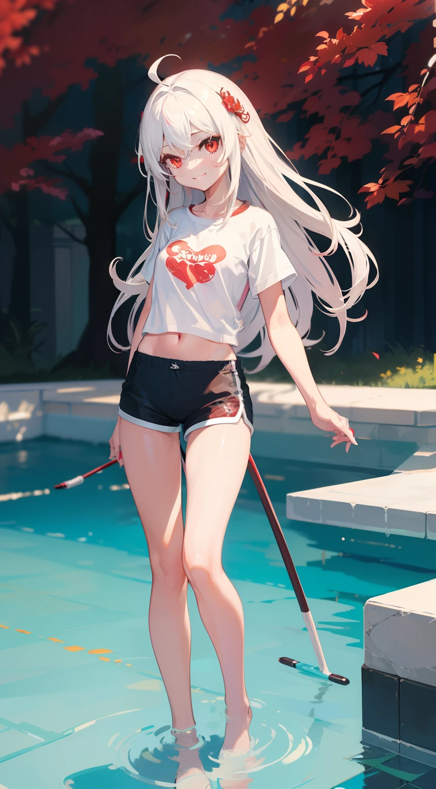 ((masterpiece)), ((high detail)), 1girl, ((ultra-detailed)),((delicate face)), Beautiful detailed eyes, doff red eyes, gradient hair,hairs between eyes,white hair, long hair,red eyes,genshin_impact,pool background, standing, smiling face,((Happy face)),((ahoge)), character design, full body, deep red eyes,((cunny)), 4 pose, Shorts, home t-shirt,((flat chest)),