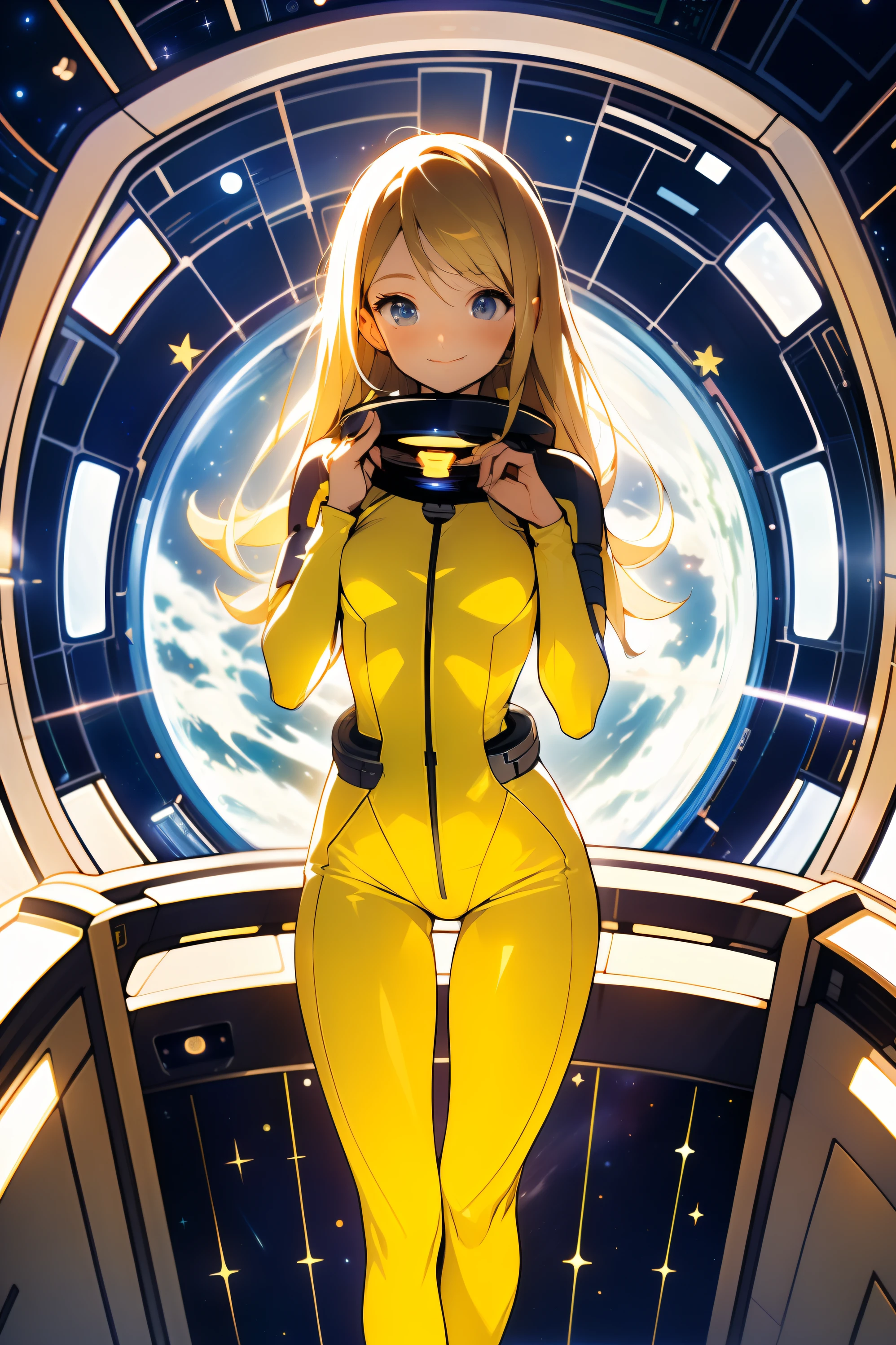 (masterpiece, best quality:1.2), (cowboy shot:1.1), solo, 1girl, mori yuki, slight smile, closed mouth, looking at viewer, blonde hair, thigh gap, yellow bodysuit, skin-tight, perfect body, belt, large window, (starship porthole:1.3), from front, (spread legs:1.3), (standing:1.1), thigh gap, perfect hands, bright starship interior, (outer space view:1.1), (orbital view:1.3), (night, stary sky:1.5), milky way