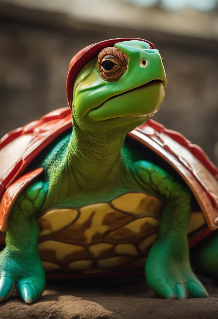 Une tortue avec des gant de boxe qui est sur ses gardes
