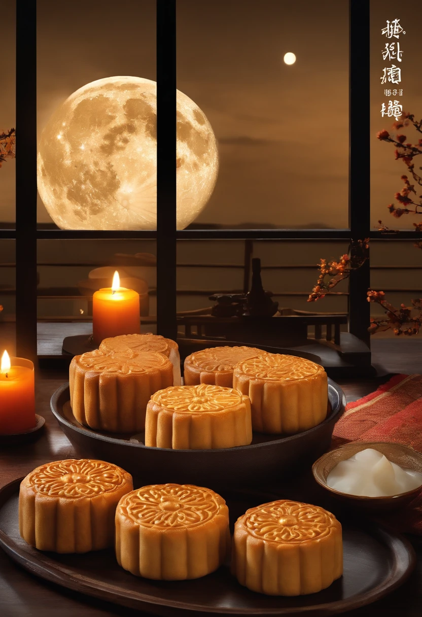 mid-autumn festival,The family sat under the moon with a happy smile and admired the moon,Oversized and round moon,There were many mooncakes on the table,Very warm picture.