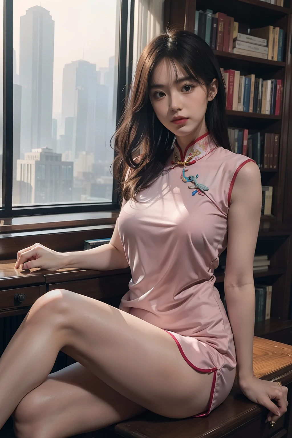 (full bodyesbian:1.5)，(1girll:1.3),(view the viewer:1.4)，(anatomy correct:1.4),(In the library:1.2),(Wear cheongsam sneakers:1.2),(Accurate and perfect face:1.3),(Long legs:1.3),hyper HD, Ray traching, reflective light， structurally correct, Award-Awarded, High detail, Fade-in and fade-out shadow contrast, Face lighting ，Cinematic lighting, Masterpiece, super detailing, High quality, High detail, Best quality, 16k，High contrast,