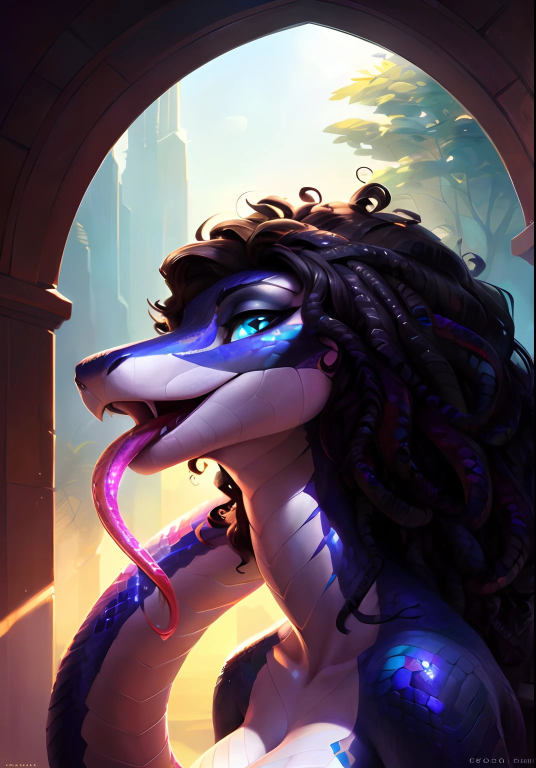 Uploaded on e621, by Pixelsketcher, by Bayard Wu, by Thomas Benjamin Kennington , by Einshelm, solo anthro, ((face portrait)), BREAK, very sweaty, ((mouth open, long reptile tongue out, saliva dripping)), (detailed Bonifasko lighting), (detailed scales), (detailed skin), (colorful snake, colorful snake, colorful snake), (extremely long neck), (her own arm holding her own head), BREAK, ((SFW)), ((long thick colorful tail)), ((curly black hair)), ((facing viewer)), (cinematic lighting), ((detailed background)), ((face portrait view)), (((face view))), (half body shadow), [backlighting], [crepuscular ray], [detailed ambient light], [gray natural lighting], [ambient light], (higher wildlife feral detail), [explict content], [sharp focus], (questionable content), (shaded), ((masterpiece), her own arms holding her own head, curly hair, medium scales breasts, [saliva dripping] breasts, furry colorful snake, snake face, furry Fantasy Art, furry Art, Commission for High Res, anthro Art, Art,Sakimichan beautiful, masterpiece, medium breasts, best quality, detailed image, bright colors, detailed face, perfect lighting, perfect shadows, perfect eyes, girl focus, snake eyes, flawless face, big breasts, extremely long neck, face focus, ((long thick colorful tail)) snake, snake girl, scales, scales woman, snake nose, large long muzzle, curly black hair, colorful scales, gaze at the viewer, half-closed eyes, 1girl, solo, (masterpiece), (best quality), (illustration), (cinematic lighting), long hair, detailed scales, balanced coloring, global illumination, ray tracing, good lighting, scales, anthro, showing breasts, cleavage, looking at viewer, seductive look, SFW