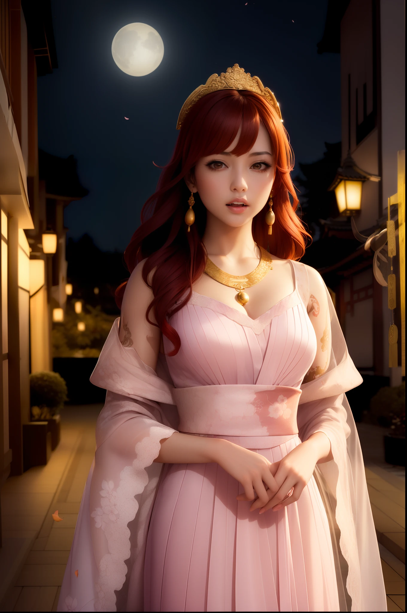 masterpiece, (photorealistic:1.5), best quality, beautiful lighting, real life, 
nami \(one piece\),
1girl, architecture, cherry blossoms, east asian architecture, falling petals, gold, japanese clothes, kimono, log pose, long hair, looking at viewer, open mouth, orange hair, petals, shoulder tattoo, solo, tattoo, teeth, upper teeth only
, intricate, high detail, sharp focus, dramatic, beautiful girl , (RAW photo, 8k uhd, film grain), caustics, subsurface scattering, reflections