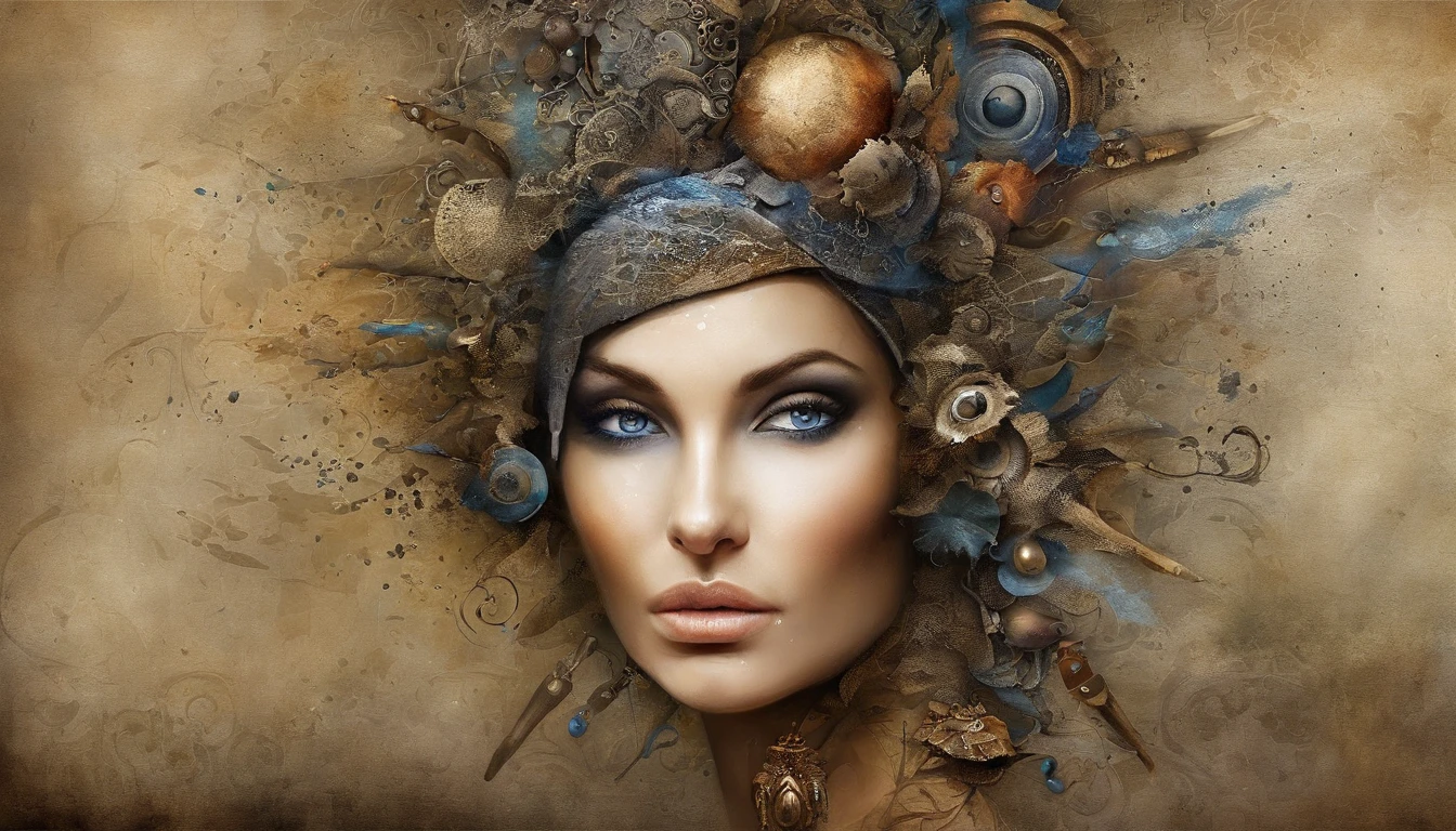 1girll,3D puzzles , Good looks , Redhead, Explosive warhead, Machine parts embedded in the face, volatile, inspired by Igor Morski, dramatic artwork, photomanipulation, photo manipulation, disintegration,, explosion of data fragments, Humph, offcial art, incredible high details, photoshop art, Noise effect, em cor azul escuro