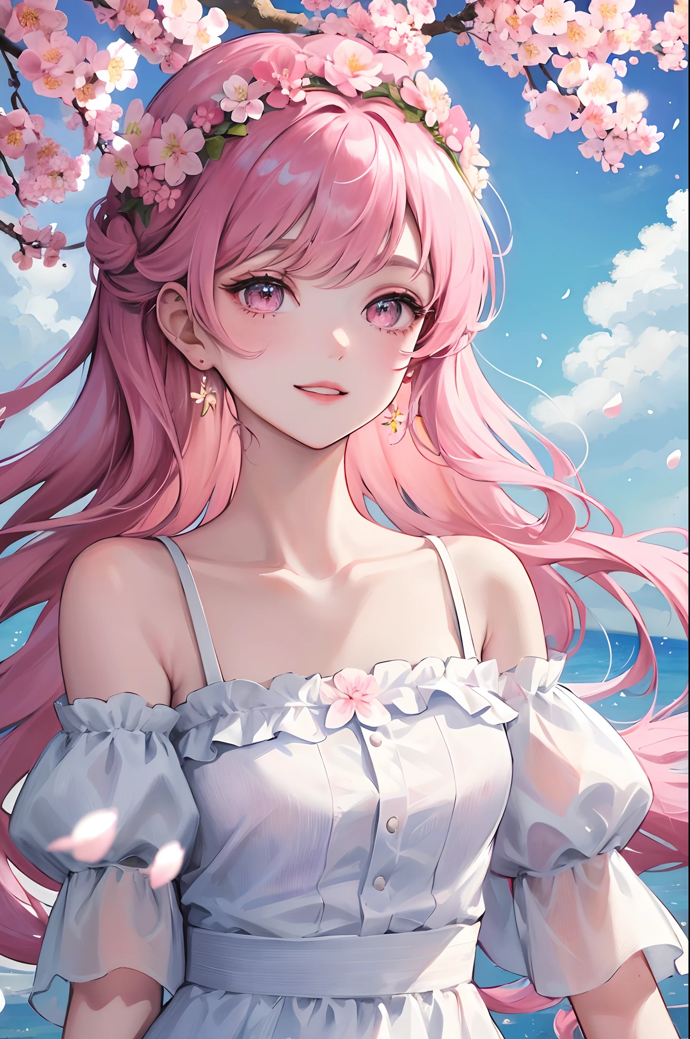 cherry_blossoms, falling_petals, petals, branch, pink_flower, 1girl,20-year-old, blue_sky, spring_\(season\), petals_on_liquid, flower, hanami, dress, (golden long curly hair: 1.5), wearing flower wreath, sky, outdoor, Clouds, bangs, smile, pink eyes, white dress with cherry blossoms, bare shoulders, earrings, best quality. Picture perfect. holding_flower, wind, tree, looking_at_viewer, cowboy shot, detail enhancement.