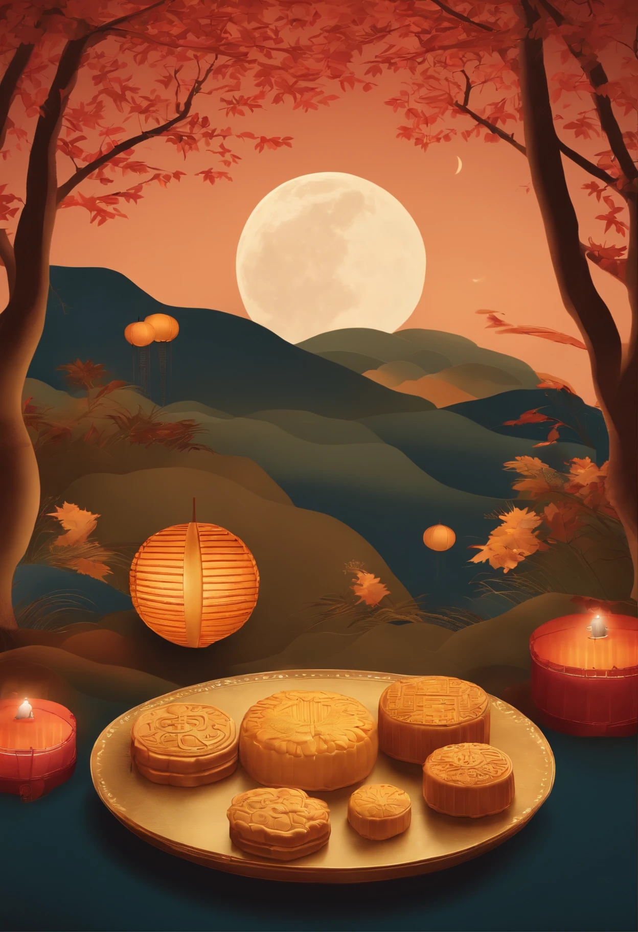 mid-autumn festival,The family sat under the moon with a happy smile and admired the moon,Oversized and round moon,There were many mooncakes on the table,Very warm picture.