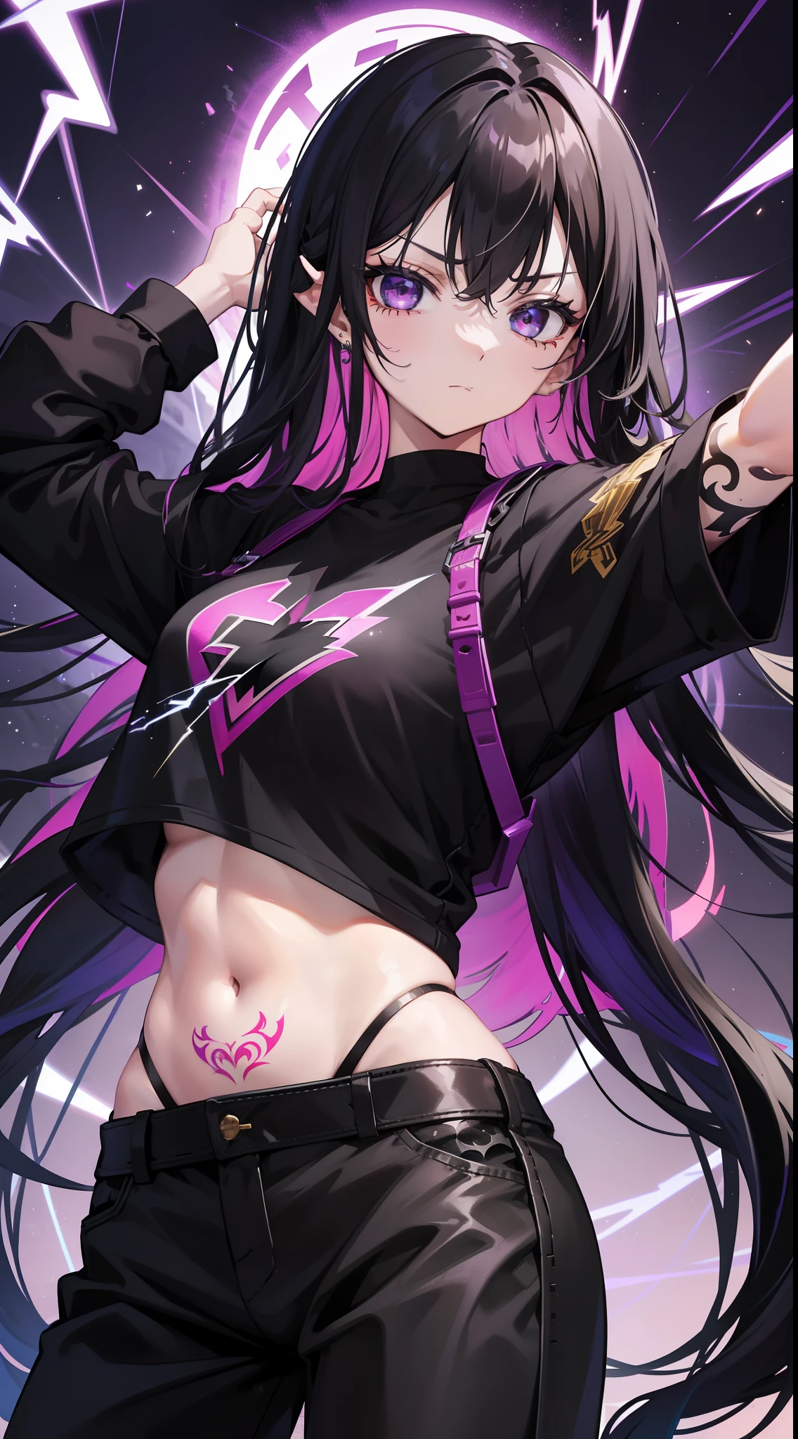 Young guy, long black hair, high ponytail, purple eyes, cat ears, shinobi shape, pants, open belly, smile, masterpiece, high quality