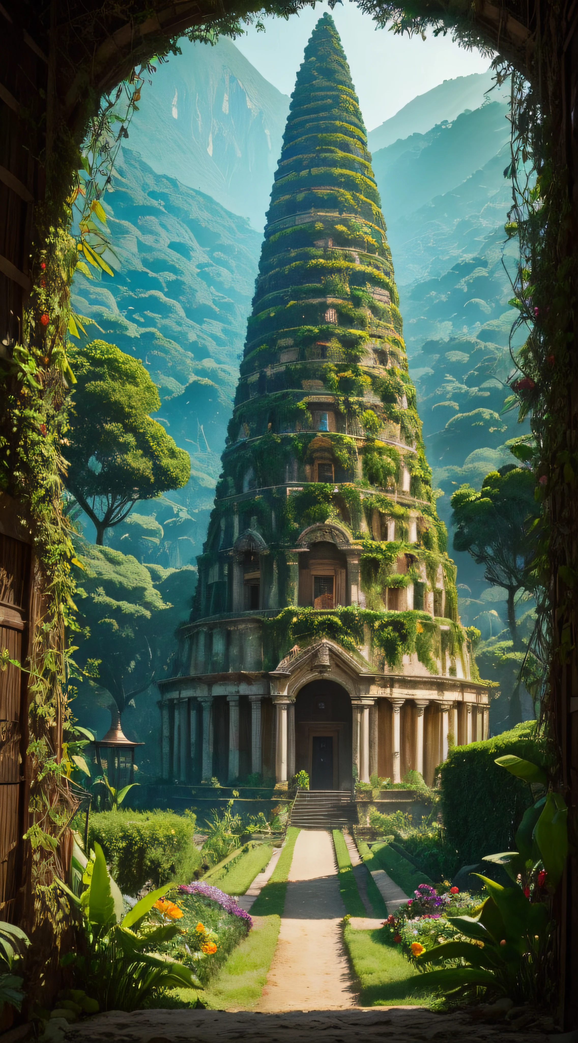 (extremadamente detallado, obra maestra, La mejor calidad, foto antigua, principios de siglo, VHS Aesthetics) Great monster in the middle of a strange jungle. Vegetables from another dimension. Epic flowers far away, organic trees with meat. Luz noche.