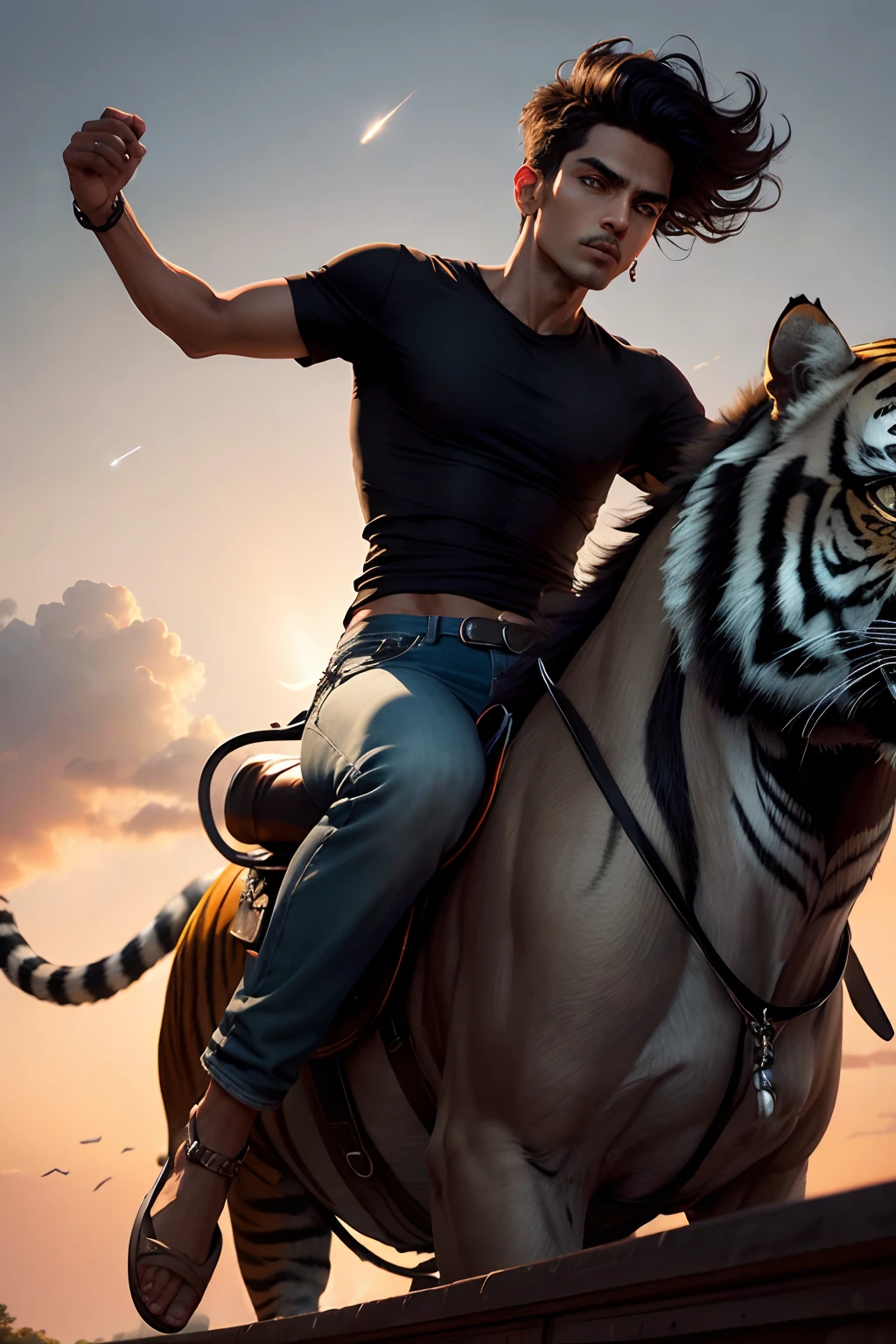 high resolution, high detail, perfect photo, skinny indian guy wearing jeans, and a black shirt, riding on the back of a tiger as it leaps through the nice sky like a shooting star.