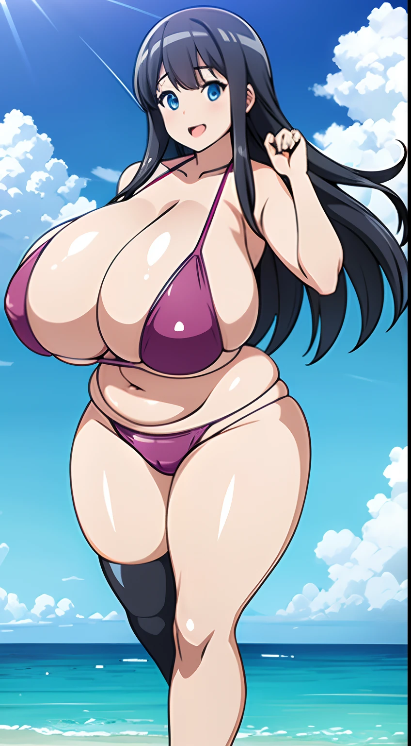 Super curvy overweight fat waifu, with gigantic breasts and massive ass, wearing a macro bikini on the beach, running towards viewer