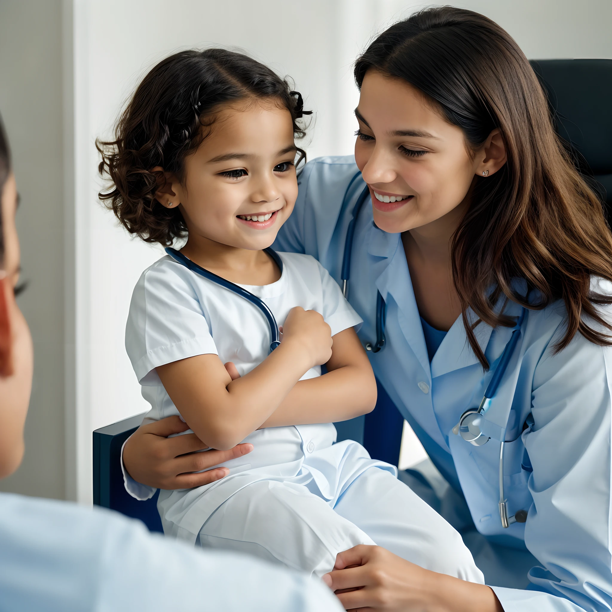 A child being examined by a female doctor with great care, respect, empathy, and affection, in a calm and joyful setting, cinematic, white background --no stethoscope