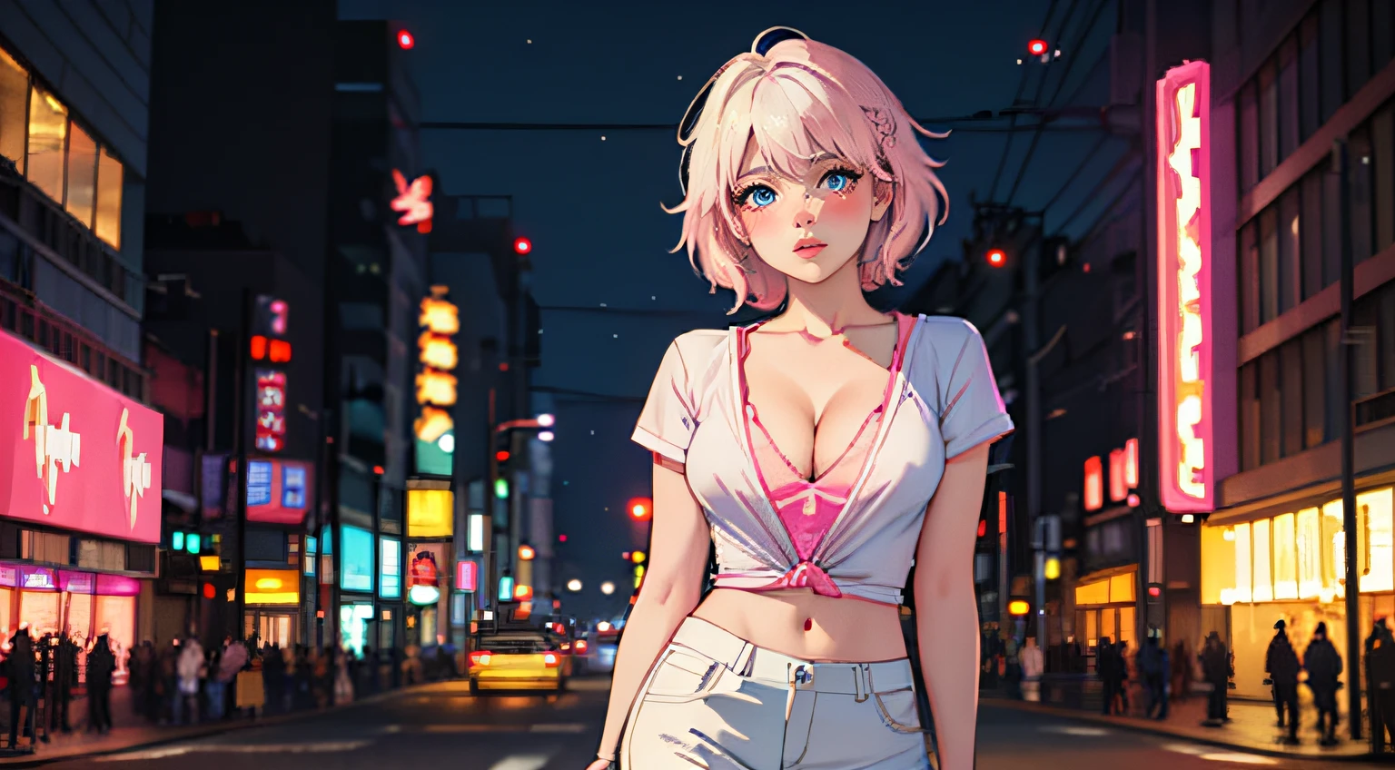 1girl, ((adorable,beautiful)), perfect body, blush, Braided Half-Up Princess Hairstyle, white hair, fit white shirt, short pants, cleavage, shine lips,((detailed eyes)), posing in front of neon buildings, ((pink neon signs, neon buildings background)), Tokyo, Artgerm, cyberpunk style, retrowave, ((realistic)), soft lighting, night, 8k, (masterpiece, best quality:1.5), ultra detailed, depth of field, looking at viewer, ((cowboy shot)), dramatic, (((bokeh))),