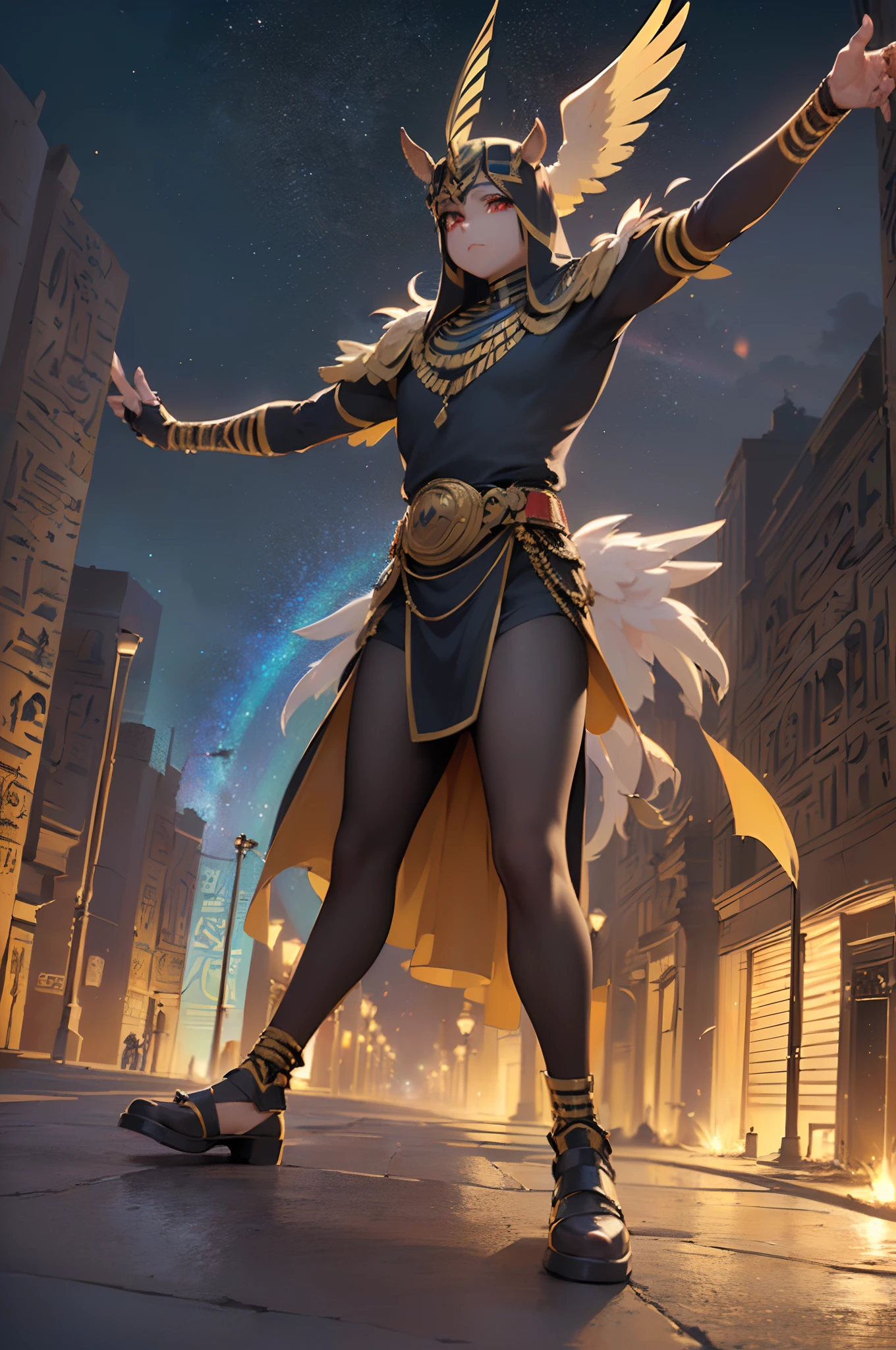 (Dynamic Angle:1.1), ((Full body posing:1.1), (Colorful:1.2), (Highly detailed CG Unity 16K wallpaper:1.1), (Denoising strength: 1.45), (tmasterpiece:1.37), ((Official art)), of the highest quality, (Realistic), Deformed Character, (Hawk-headed boy:1.2),(Costume of the Egyptian god Horsus:1.5),hawk,Glowing eyes,(red eyes:1.2),((Poses in motion:1.4)),((Holus Costume:1.3)),wires, (LED:1.3), (a hologram:1.2), Streets of Egypt, Neon light, Egyptian buildings, (Night:1.2), (Rainbow Model:1.2), 8K resolution, (Anime style:1.3), Cinematic lighting, chromatic abberation, spark of light, Ray tracing, blending, ultra wide-angle, Hasselblad, (masutepiece), (masutepiece), ((Best Quality)), ((masutepiece)), nffsw