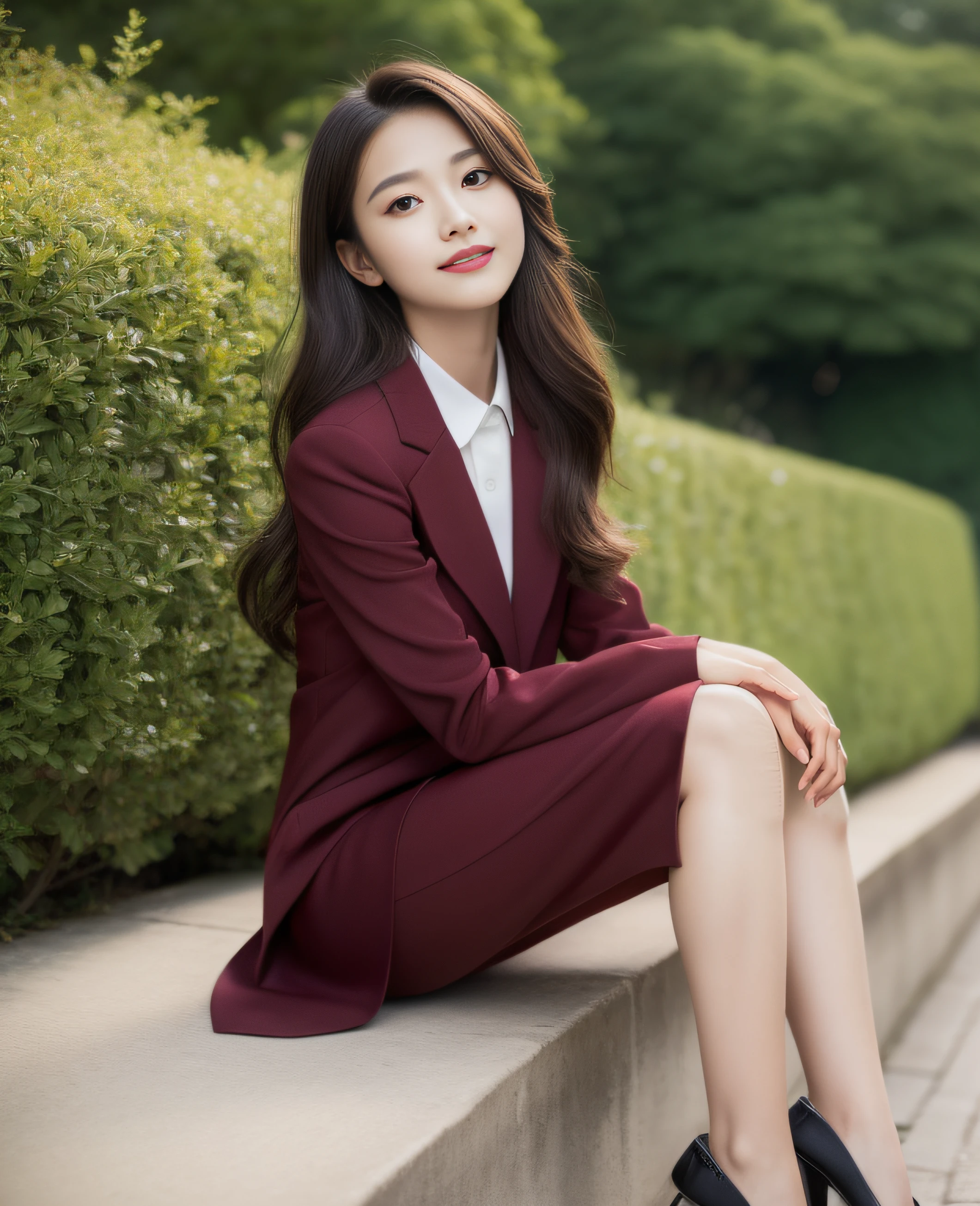 ((Top quality, 8K, Masterpiece: 1.3)), Beautiful girl, Pure, Melon face, Kind and cute, Sweet smile, Pure desire, Slender body, (Front), (Tilted head), ((Looking at camera) ), wearing a burgundy colored suit, black silky long hair, long flowing shoulders, round black big eyes, clear big eyes, moist red lips, sweet, sitting on a chair, park terrace background ,(((full body shot))),