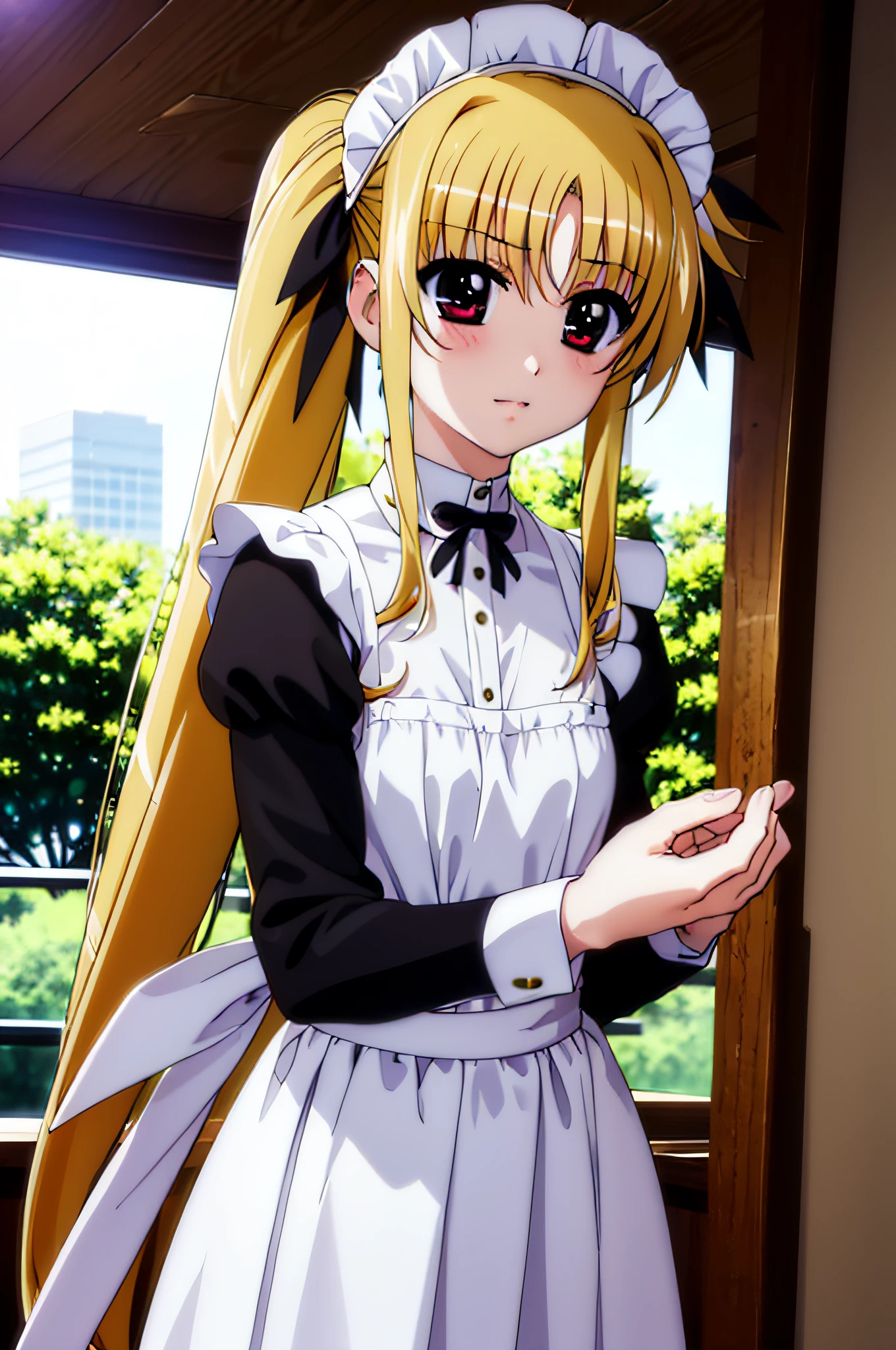 Life activities, 1girl in, (Maid Cafe:1.5)), ((strong breeze)),(masutepiece:1.2), Best Quality,Best Beautiful Girl, High resolution, Unity 8k壁纸, (Illustration:0.8), Perfect Lighting, extremely details CG, (Perfect hands, Perfect Anatomy),model poses,Eyes open,(masutepiece:1.2), Best Quality, Fate Testarossa, 1girl in, Long hair, Twin-tailed, a black ribbon,((maid clothes:1.5)), Park, High resolution, Unity 8k壁纸, (Illustration:0.8), extra detailed face, Perfect Lighting, extremely details CG, (Perfect hands, Perfect Anatomy),masutepiece, Best Quality,Cowboy Shot,red blush,((9 Talents:1.5))、tiny girl,tiny chest,Shy laughter,