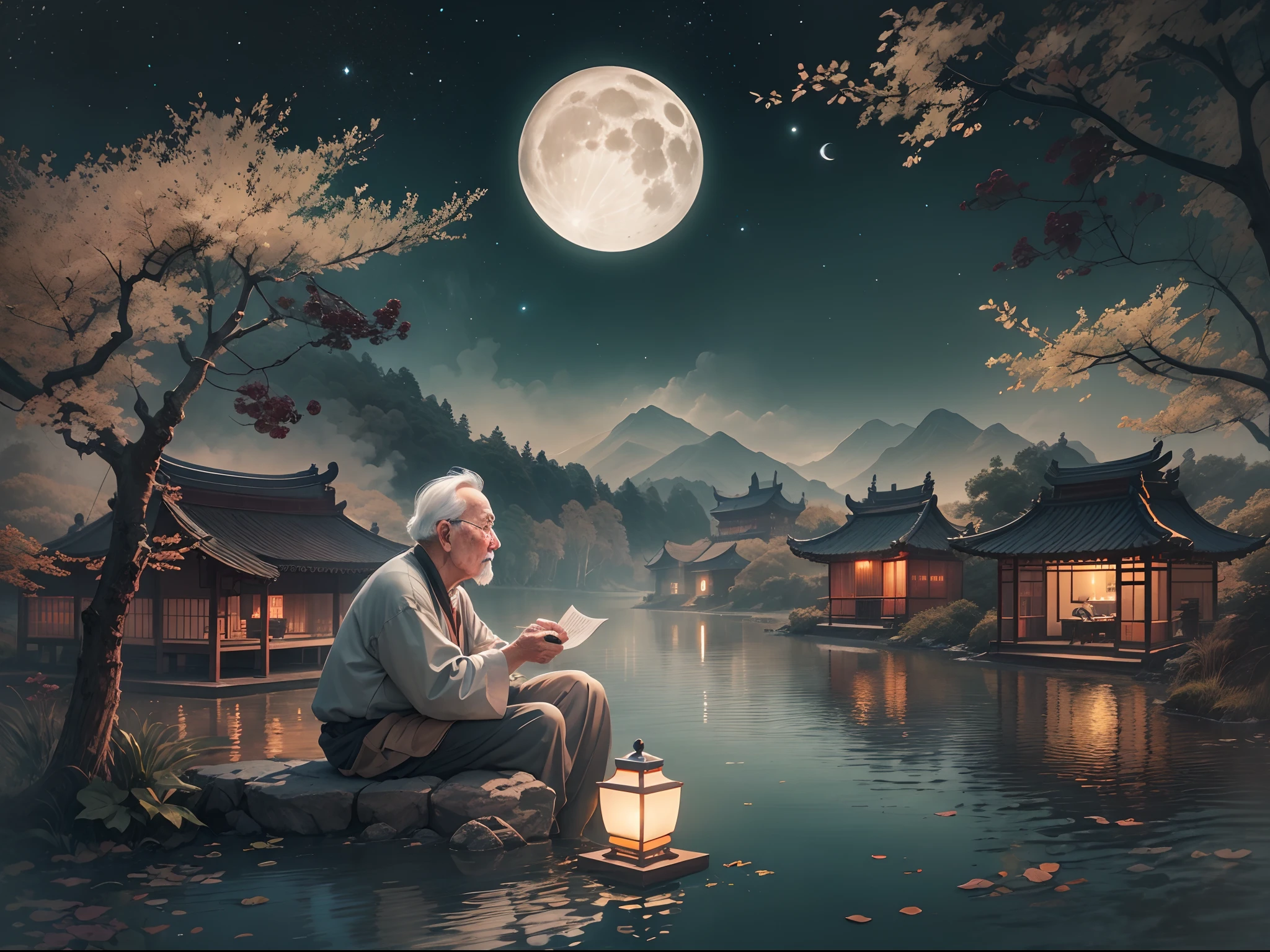 Moonlit landscape, Nostalgic memories, A old man, Dreamlike atmosphere, Aesthetic, The essence of poetry, Inspiration for poets, Mid-Autumn Festival, Chinese culture