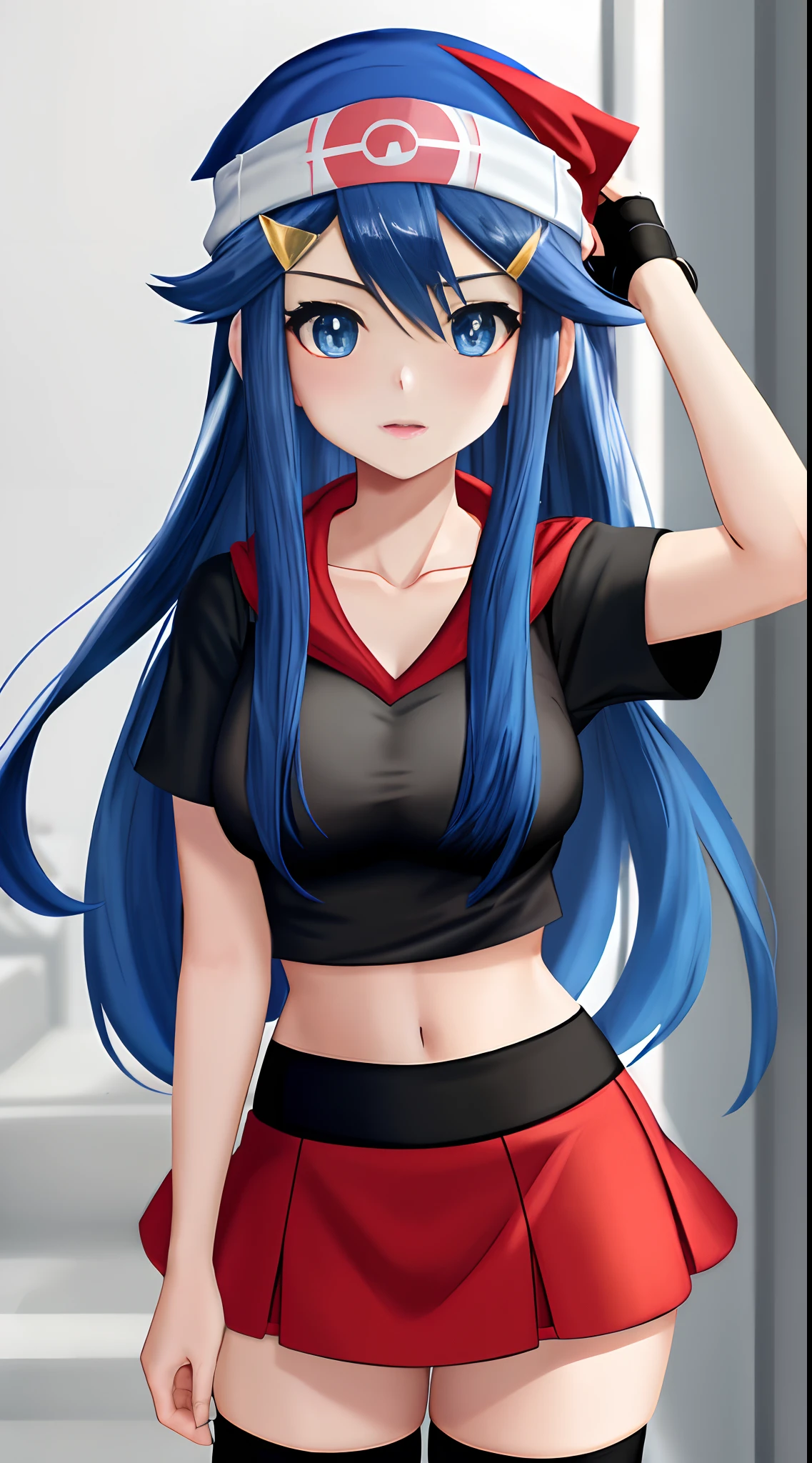 dawn\(pokemon\), medium breasts, black shirt, long hair, beanie, hair ornament, hairclip, collarbone, blue hair, blue eyes, mini skirt, red scarf , thighhighs, red skirt,