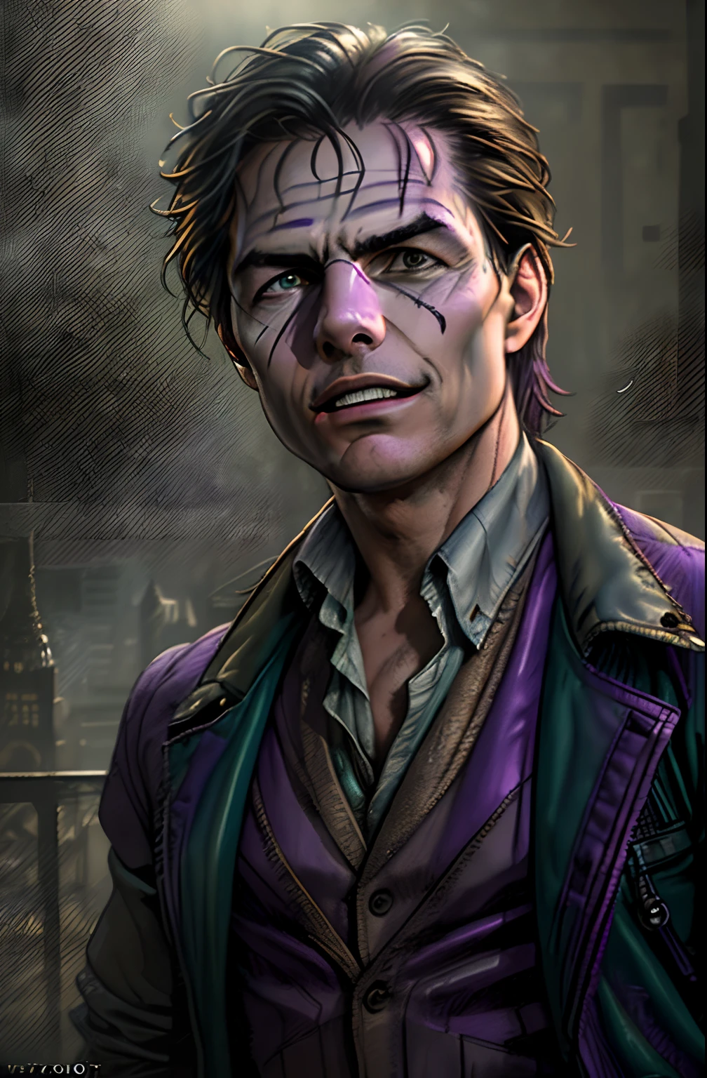 (Tom Cruise as The Joker) ,epic, realistic, faded, neutral colors, ((((hdr)))), ((((muted colors)))), intricate scene, artstation, hyperdetailed, cinematic shot, warm lights, dramatic light, intricate details, vignette, complex background, [[teal and orange]], slate gray atmosphere, perfect lighting, perfect shading, (photorealistic:1.6), (((purple jacket))),