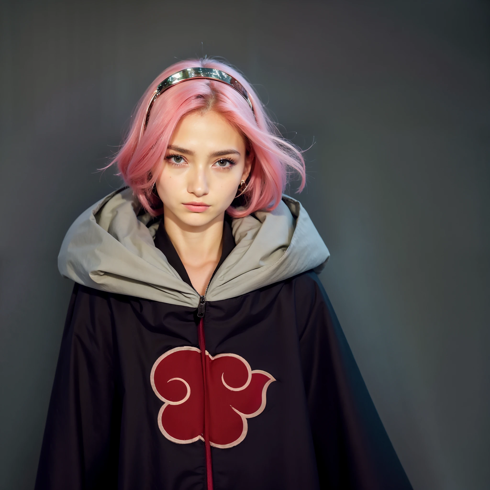 High quality image, masterpiece, detailed hair texture, detailed skin texture, detailed cloth texture, 8k, add fabric details, ultra detailed skin texture, ultra detailed photo, skin pores, portrait of a girl, wearing Akatsuki suits, wearing a metal bandos, green eyes, pink hair, add cloth details, high skin details, realistic hair details, cinematic, studio light