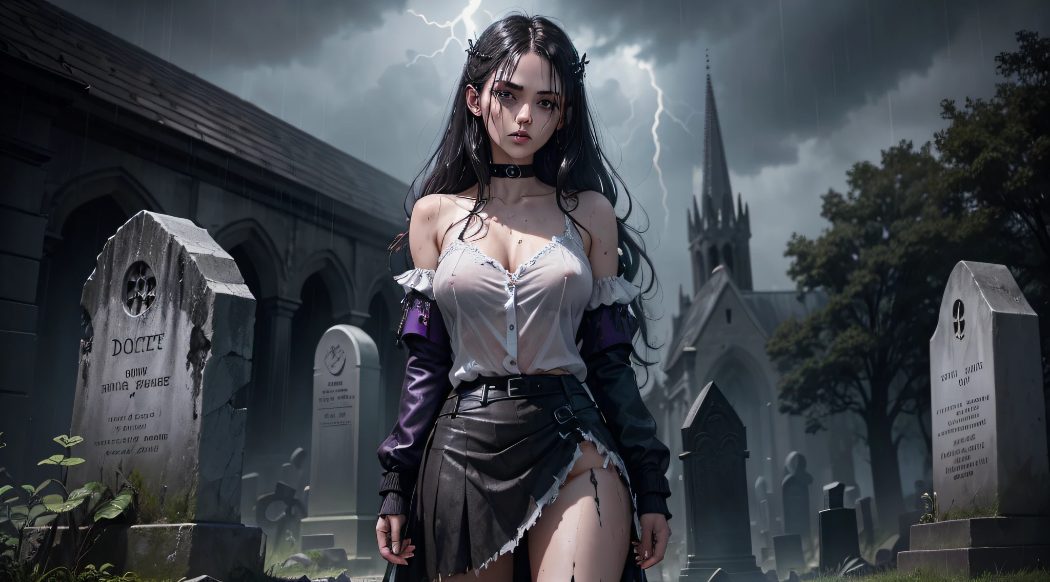 arafed woman in wet white shirt standing in front of a row of tombstones, shirt is torn in several places, shirt is tattered, shirt is ripped, skirt is torn, skirt is ripped in several places, soaking wet, several wounds, bleeding from cuts, nighttime, raining, lightning, in a graveyard, in the middle of a graveyard, goddess of death in a graveyard, wet hair, wet skin, storming and raining, grungy gothic, gothic girl, white and black, violet and white, dark and gothic, graveside, grave, behind her a gothic cathedral, white and purple, goth woman, gothic maiden