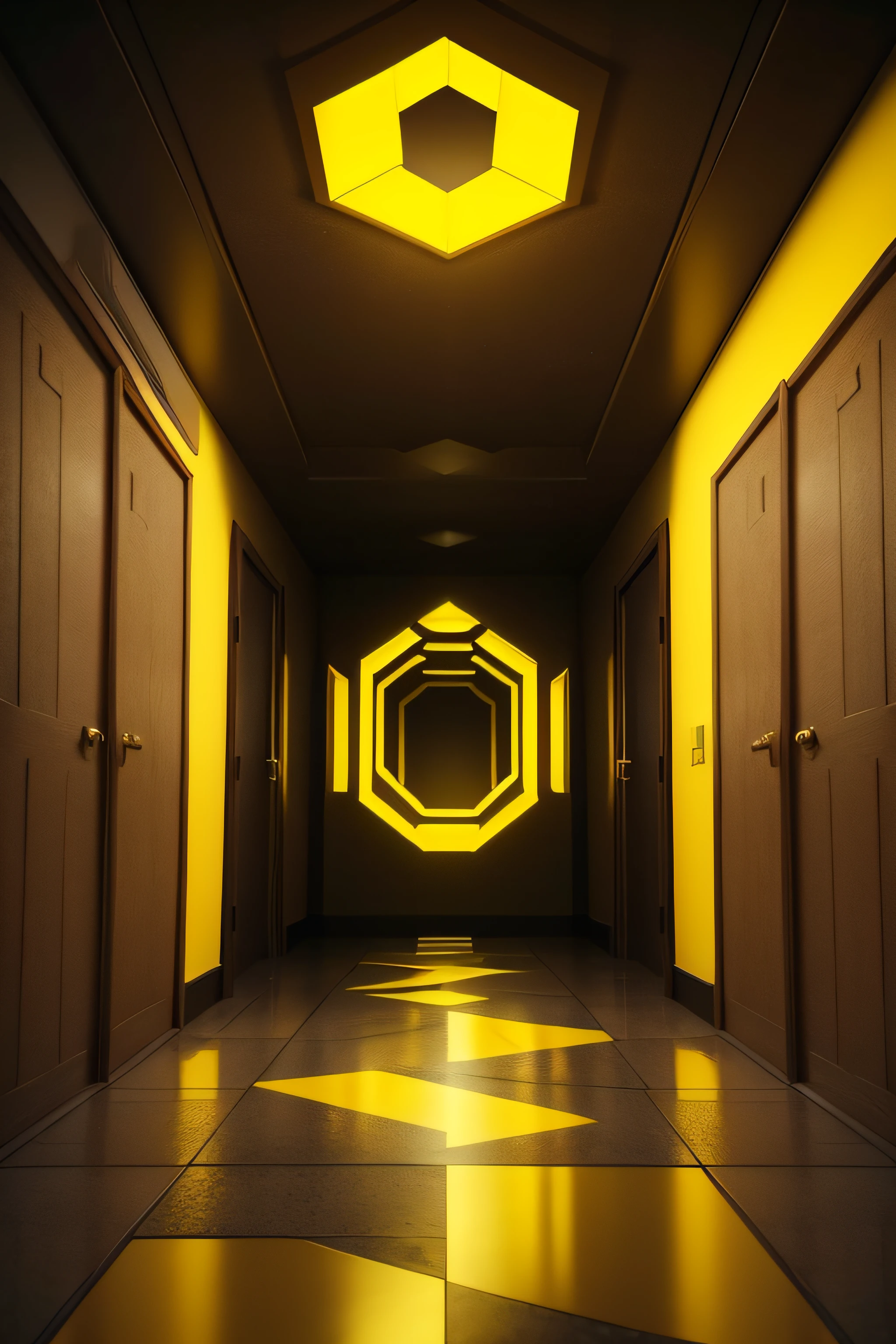 Reality Maze,with light glowing,Both the cave and the floor are yellow,A little thin,Carpet damp floor,terrifying,canny,No exit,no person,Tiles on the ceiling,Fluorescent lights on ceiling tiles,I look ahead and I can't see anything,Real images