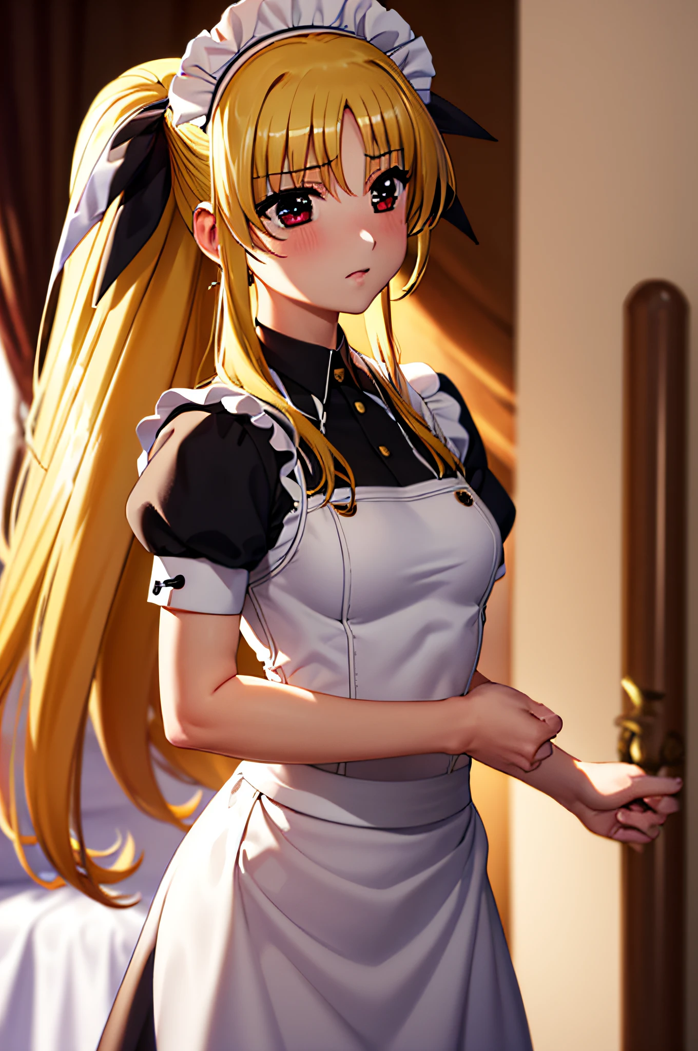 Life activities, 1girl in, (Maid Cafe:1.5)), ((strong breeze)),(masutepiece:1.2), Best Quality,Best Beautiful Girl, High resolution, Unity 8k壁纸, (Illustration:0.8), Perfect Lighting, extremely details CG, (Perfect hands, Perfect Anatomy),model poses,Eyes open,(masutepiece:1.2), Best Quality, Fate Testarossa, 1girl in, Long hair, Twin-tailed, a black ribbon,((maid clothes:1.5)), Park, High resolution, Unity 8k壁纸, (Illustration:0.8), extra detailed face, Perfect Lighting, extremely details CG, (Perfect hands, Perfect Anatomy),masutepiece, Best Quality,Cowboy Shot,red blush,((9 Talents:1.5))、tiny girl,tiny chest,Embarrassed look,Serving,