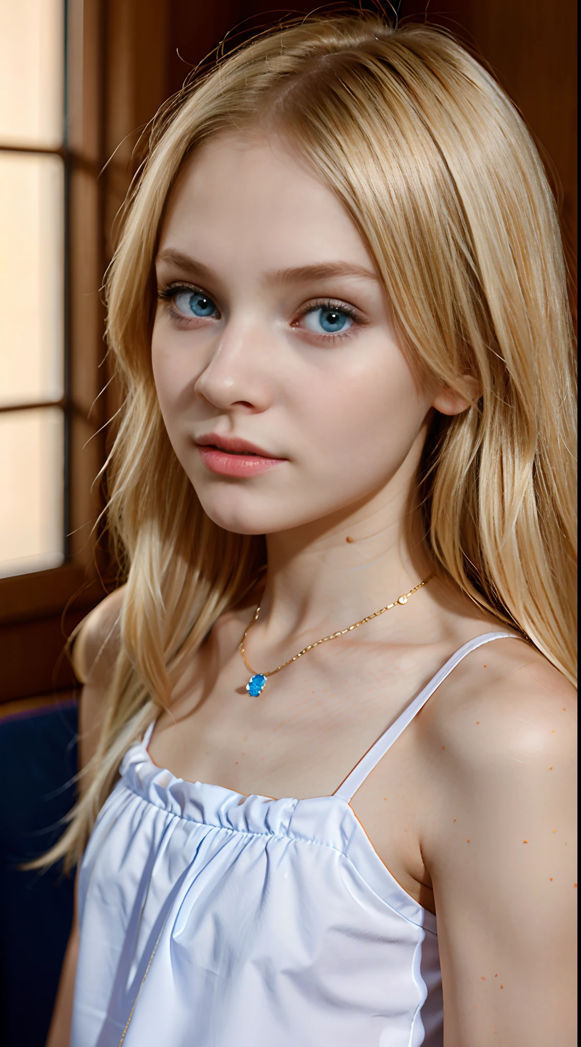 Slender blonde Russian little girl、Blonde hair and blue eyes、Russian girl at 10 years 、Natural Skin Texture, Hyper-Realism,