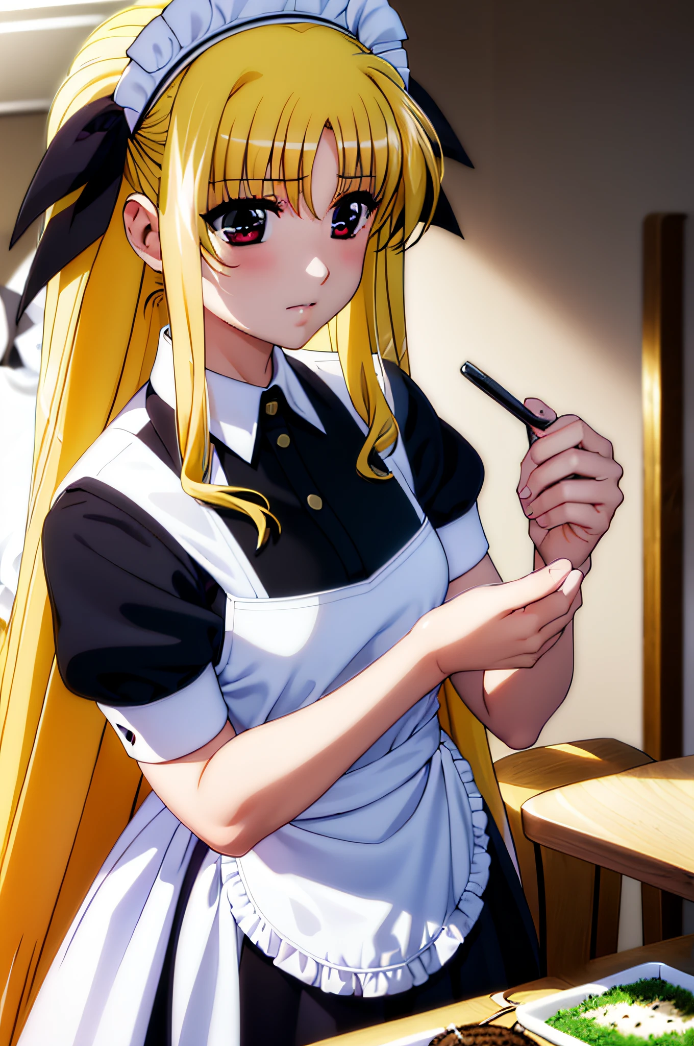 Life activities, 1girl in, (Maid Cafe:1.5)), ((strong breeze)),(masutepiece:1.2), Best Quality,Best Beautiful Girl, High resolution, Unity 8k壁纸, (Illustration:0.8), Perfect Lighting, extremely details CG, (Perfect hands, Perfect Anatomy),model poses,Eyes open,(masutepiece:1.2), Best Quality, Fate Testarossa, 1girl in, Long hair, Twin-tailed, a black ribbon,((maid clothes:1.5)), Park, High resolution, Unity 8k壁纸, (Illustration:0.8), extra detailed face, Perfect Lighting, extremely details CG, (Perfect hands, Perfect Anatomy),masutepiece, Best Quality,Cowboy Shot,red blush,((9 Talents:1.5))、tiny girl,tiny chest,Embarrassed look,serving,