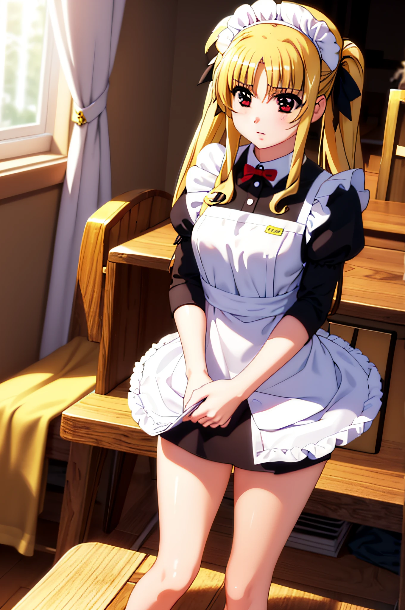 NSFW , make a testarossa , (((masterpiece:1.3))), (((best quality:1.3))) , (((pixel perfect:1.3))) , (((Perfection in every detail:1.3))) , (((High resolution:1.3))) , (((Maid clothes))) , (((lift skirt, skirt hold))) , 1 girl, blonde hair , twin tails, red eyes , black ribbon , lips, shut, Yui, lips, abdomen, Baezon, logic , (((empty eyes))) , (((Expressionless))) , (((official art))) , (((bedroom)))