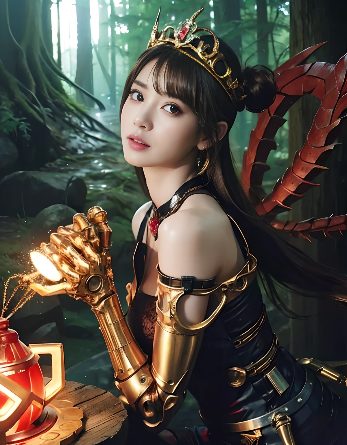 (1 Mechanical Girl)、top-quality、masterpiece、超A high resolution、(Wearing a crown made of jewels),(Photorealsitic:1.4)、Raw photo、女の子1人、Golden hair、glowy skin、(((1 Mechanical Girl)))、(Realistic dragon background)、(White Dragon Armor)、With a beautiful knife、(Blue Metal Bodysuit)、(beautiful forest background)、Precipitous cliffs、(Small LED)、((super realistic details))、portlate、globalillumination、Shadow、octan render、(One-Eyed Scouter)、With a laser knife、There are goblins、8K、ultrasharp、Colossal tits、Raw skin is exposed in cleavage、metals、Details of complex ornaments、Japan details、highly intricate detail、Realistic light、CGSoation Trends、Red Eyes、radiant eyes、Facing the camera、neon details、(Mechanical limbs)、(blood vessels connected to tubes)、Mechanical vertebrae attached to the back、mechanical cervical attaching to neck、(Wires and cables connecting to the head)、Gundam、Small LED、,Mechanical thighs、Toostock、(Hands are also made of machines)、