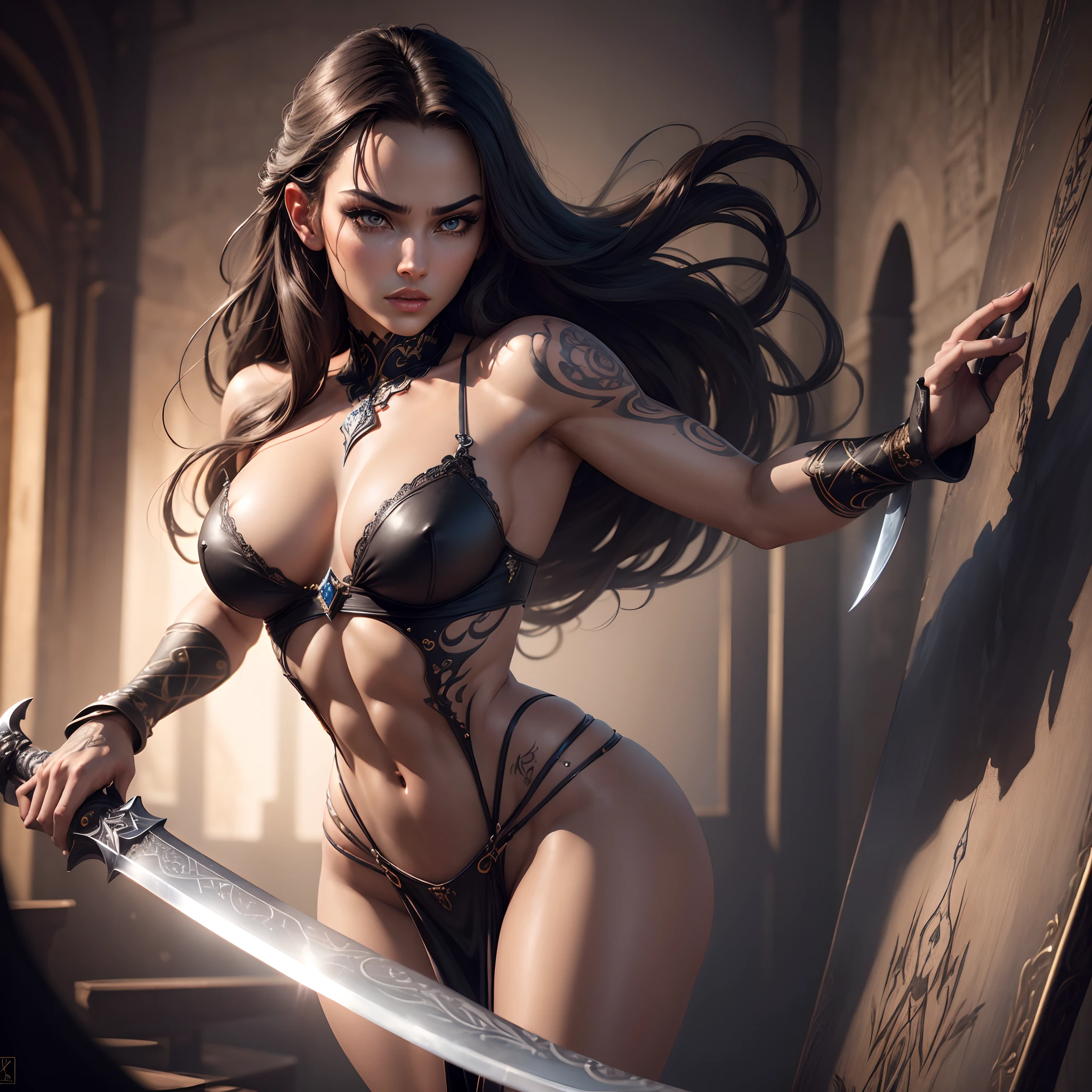 (best quality,highres,ultra-detailed,photorealistic:1.37),(longhair:1.1),(attractive,beautiful,gorgeous),(seductive,provocative,sensual),(detailed eyes:1.1),(detailed lips:1.1),(fit body,toned abs),(tattooed,(fierce,intense) expression),(sword wielding,weapon),(fantasy theme),(dark background),(dramatic lighting),(fine art painting),(vivid colors),(erotic),(alluring posture),(sculptural)(glamorous)