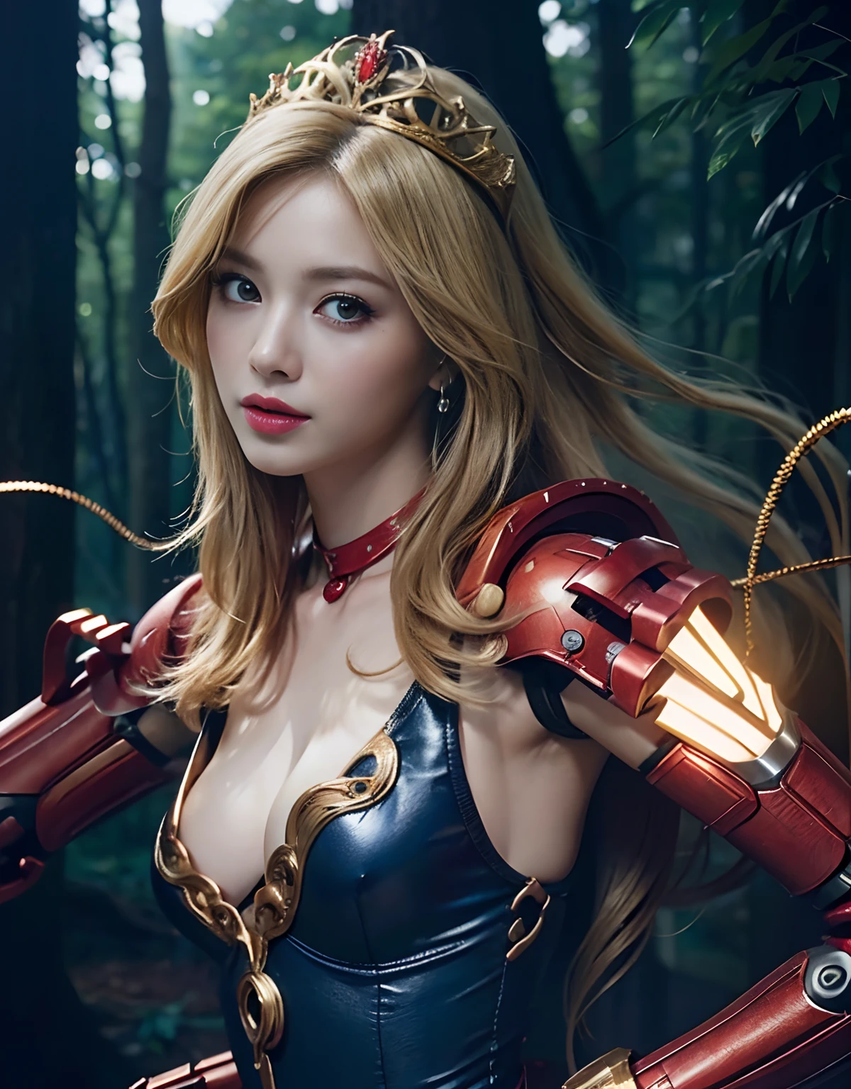 (1 Mechanical Girl)、top-quality、masterpiece、超A high resolution、(Wearing a crown made of jewels),(Photorealsitic:1.4)、Raw photo、1人、Golden hair、glowy skin、(((1 Mechanical Girl)))、(Realistic dragon background)、(White Dragon Armor)、With a beautiful knife、(Blue Metal Bodysuit)、(beautiful forest background)、Precipitous cliffs、(Small LED)、((super realistic details))、portlate、globalillumination、Shadow、octan render、(One-Eyed Scouter)、With a laser knife、There are goblins、8K、ultrasharp、Colossal tits、Raw skin is exposed in cleavage、metals、Details of complex ornaments、Japan details、highly intricate detail、Realistic light、CGSoation Trends、Red Eyes、radiant eyes、Facing the camera、neon details、(Mechanical limbs)、(blood vessels connected to tubes)、Mechanical vertebrae attached to the back、mechanical cervical attaching to neck、(Wires and cables connecting to the head)、Gundam、Small LED、,Mechanical thighs、Toostock、(Hands are also made of machines)、