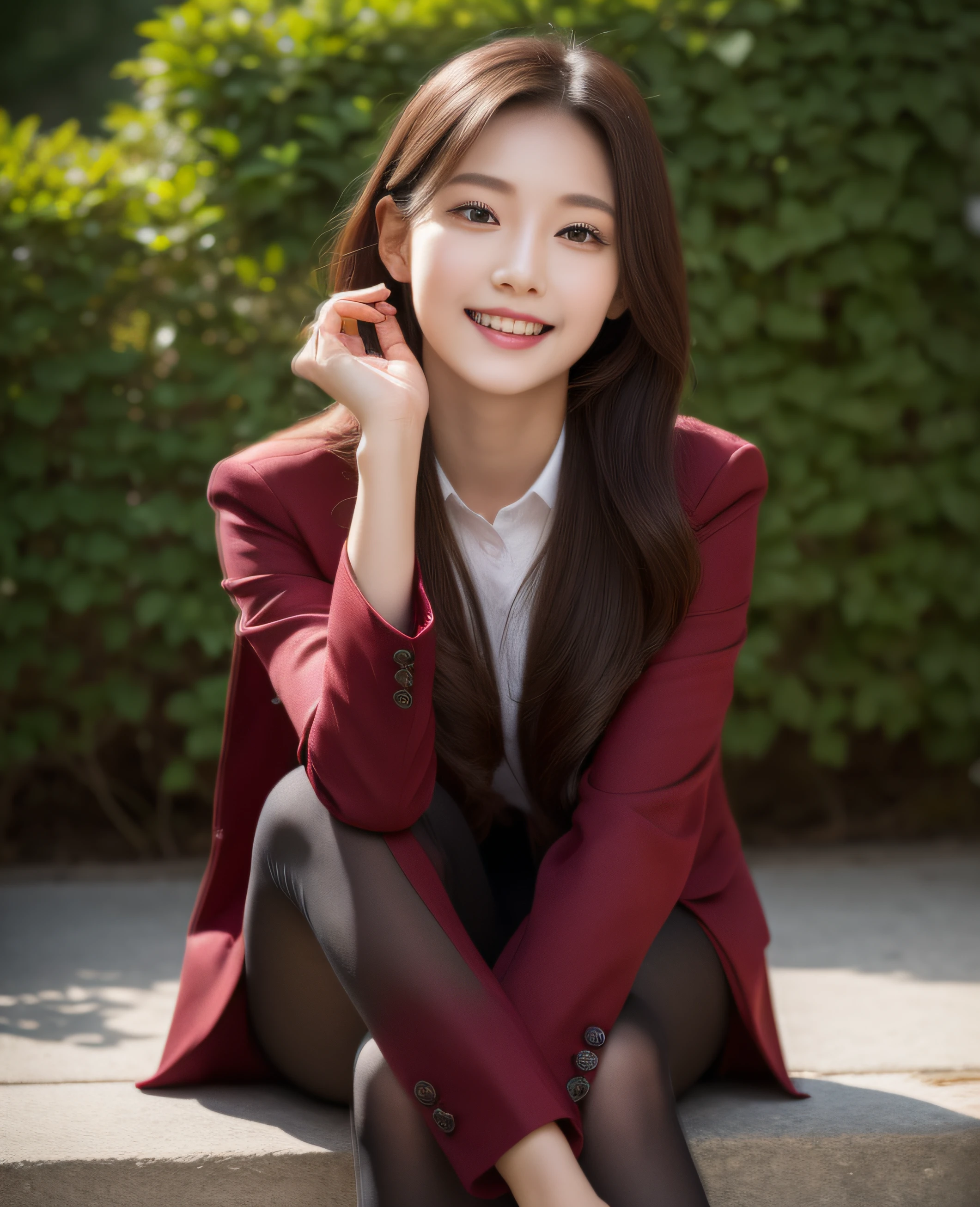 ((Top quality, 8K, Masterpiece: 1.3)), Beautiful girl, Pure, Melon face, Kind and cute, Sweet smile, Pure desire, Slender body, (Front), (Tilted head), ((Looking at camera) ), wearing a burgundy colored suit, black silky long hair, long flowing shoulders, round black big eyes, clear big eyes, moist red lips, sweet, sitting on a chair, park terrace background ,(((full body shot))),