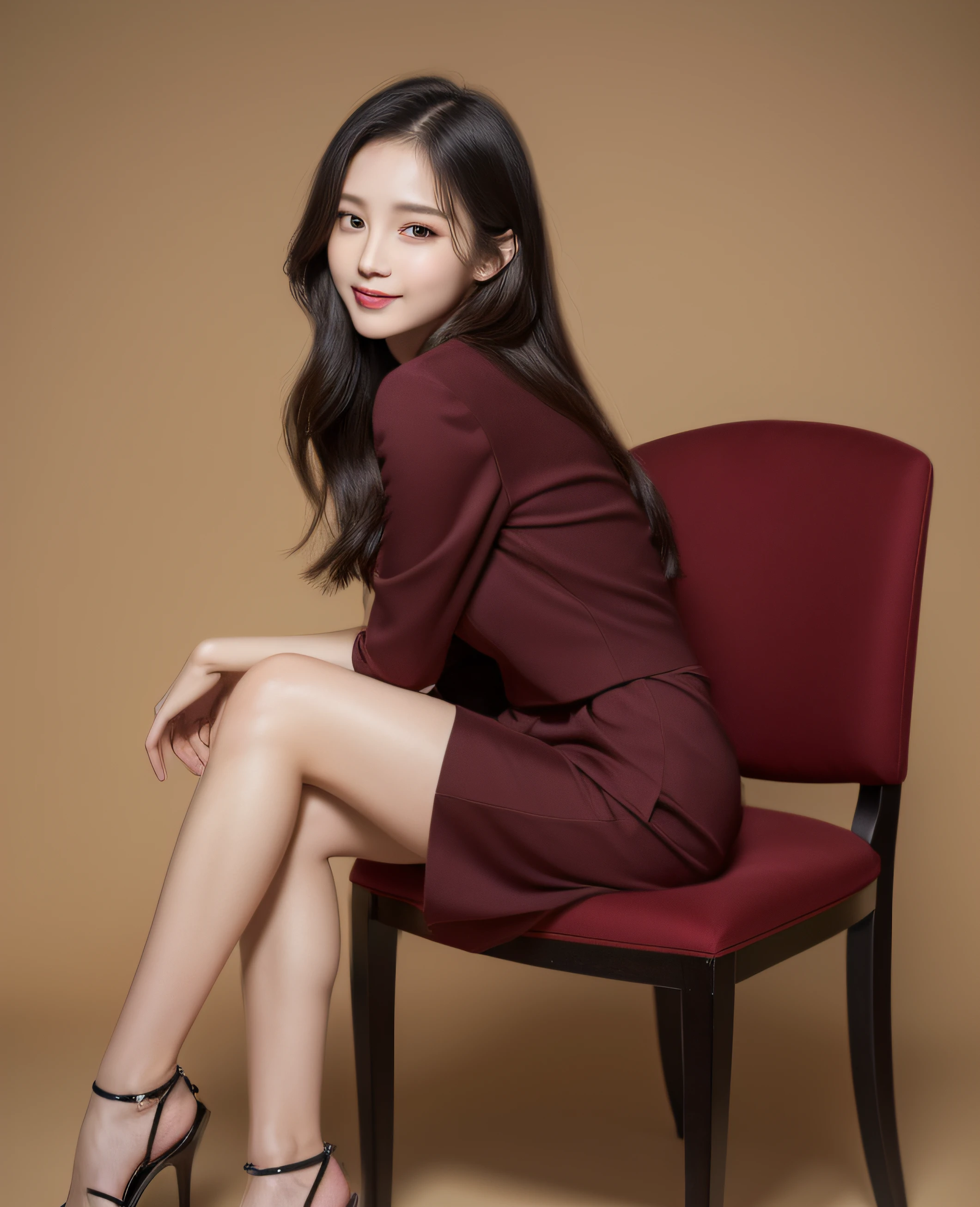 ((Top quality, 8K, Masterpiece: 1.3)), Beautiful girl, Pure, Melon face, Kind and cute, Sweet smile, Pure desire, Slender body, (Front), (Tilted head), ((Looking at camera) ), wearing a burgundy colored suit, black silky long hair, long flowing shoulders, round black big eyes, clear big eyes, moist red lips, sweet, sitting on a chair, park terrace background ,(((full body shot))),