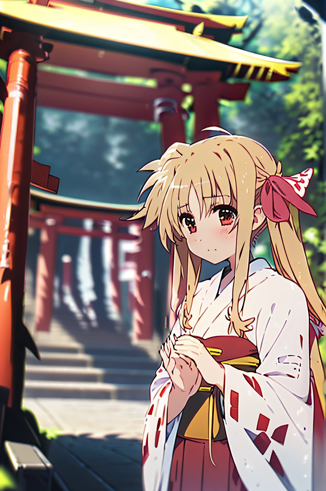 Life activities, 1girl in, ((shrines:1.5)), ((strong breeze)),(masutepiece:1.2), Best Quality,Best Beautiful Girl, High resolution, Unity 8k壁纸, (Illustration:0.8), Perfect Lighting, extremely details CG, (Perfect hands, Perfect Anatomy),model poses,Eyes open,(masutepiece:1.2), Best Quality, Fate Testarossa, 1girl in, a blond,Long hair, Twin-tailed, a black ribbon,((shrine maiden clothe:1.5)), Park, High resolution, Unity 8k壁纸, (Illustration:0.8), extra detailed face, Perfect Lighting, extremely details CG, (Perfect hands, Perfect Anatomy),masutepiece, Best Quality,Cowboy Shot,red blush,((9 Talents:1.5))、tiny girl,tiny chest,Embarrassed look,serving,