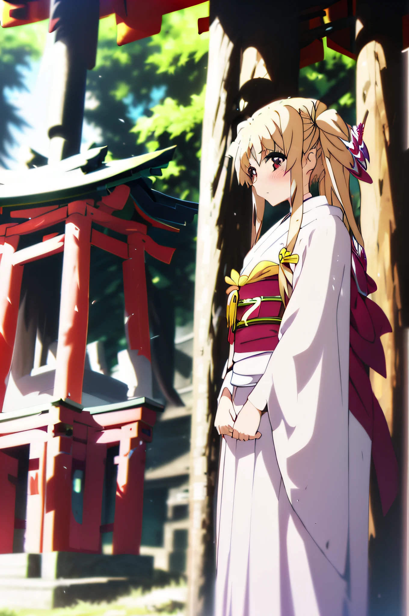 Life activities, 1girl in, ((shrines:1.5)), ((strong breeze)),(masutepiece:1.2), Best Quality,Best Beautiful Girl, High resolution, Unity 8k壁纸, (Illustration:0.8), Perfect Lighting, extremely details CG, (Perfect hands, Perfect Anatomy),model poses,Eyes open,(masutepiece:1.2), Best Quality, Fate Testarossa, 1girl in, a blond,Long hair, Twin-tailed, a black ribbon,((shrine maiden clothe:1.5)), Park, High resolution, Unity 8k壁纸, (Illustration:0.8), extra detailed face, Perfect Lighting, extremely details CG, (Perfect hands, Perfect Anatomy),masutepiece, Best Quality,Cowboy Shot,red blush,((9 Talents:1.5))、tiny girl,tiny chest,Embarrassed look,serving,