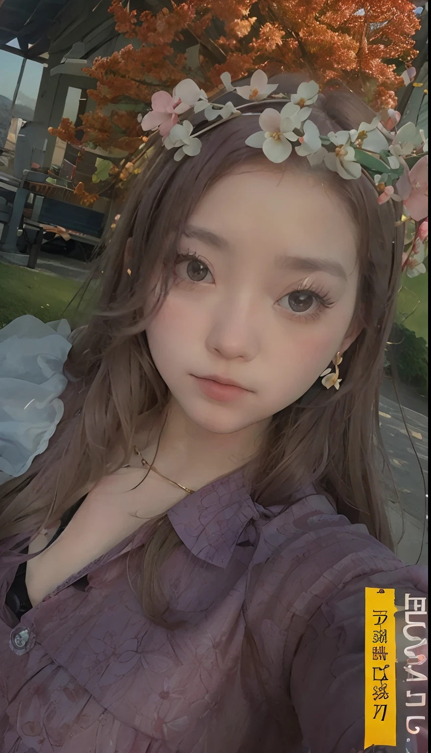 cherry_blossoms, falling_petals, petals, branch, pink_flower, 1girl,20-year-old, blue_sky, spring_\(season\), petals_on_liquid, flower, hanami, dress, (golden long curly hair: 1.5), wearing flower wreath, sky, outdoor, Clouds, bangs, smile, pink eyes, white dress with cherry blossoms, bare shoulders, earrings, best quality. Picture perfect. holding_flower, wind, tree, looking_at_viewer, cowboy shot, detail enhancement.