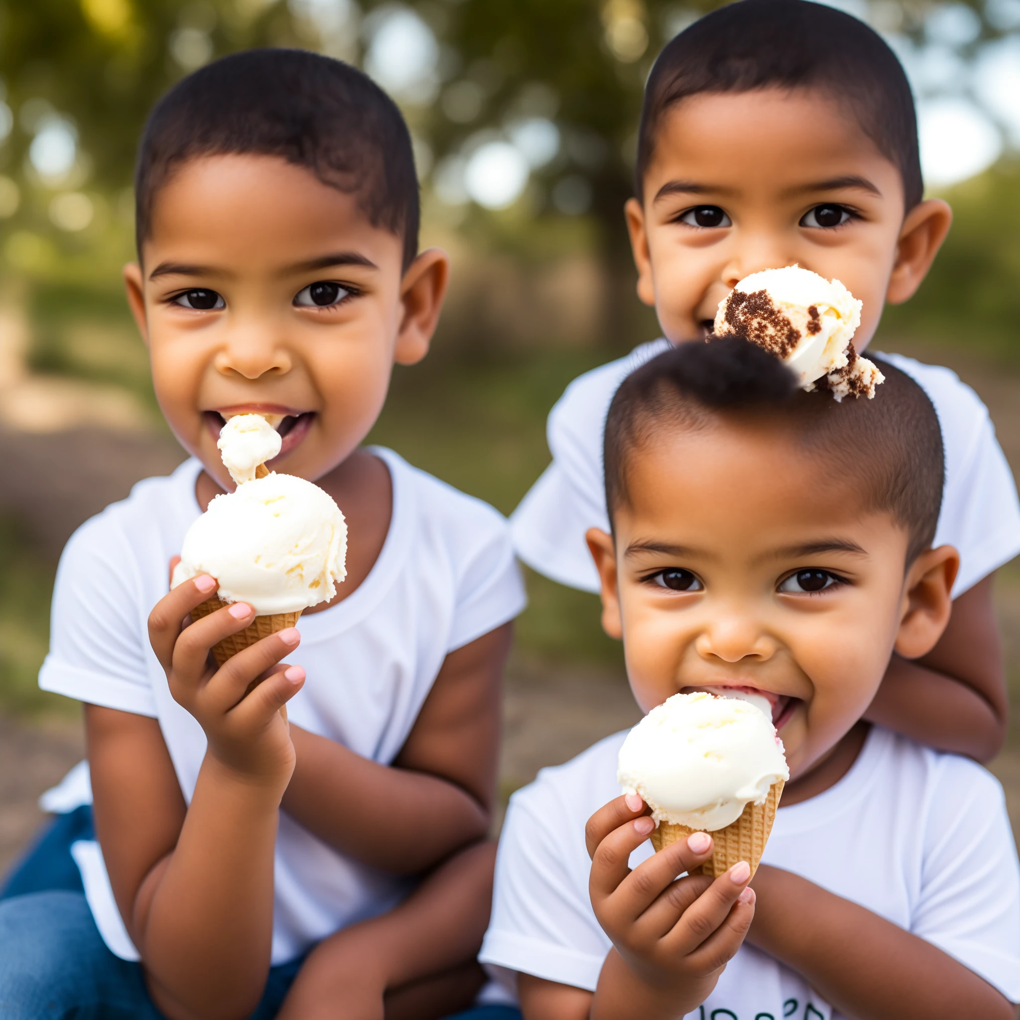 Happy Brazilian eating ice cream, camiseta escrito zizim sorvetes, ultra realista