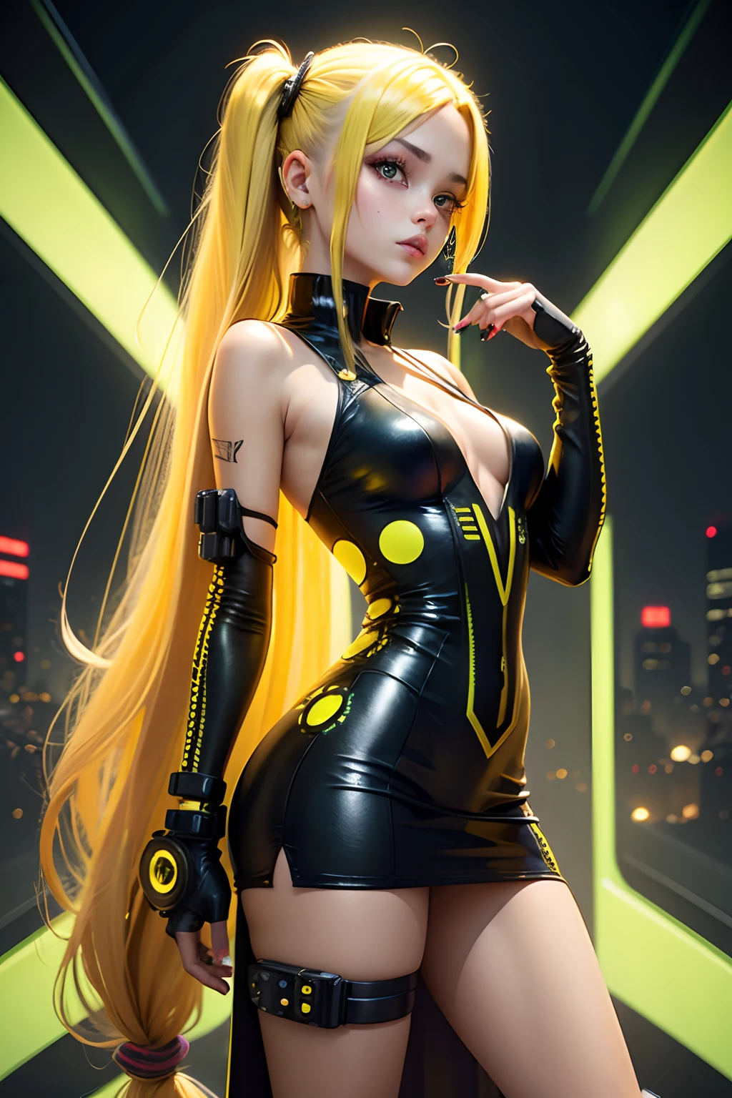 girl wearing yellow cyberpunk dress , half futuristic, mixed of big ladybug spot, long tied blond hair
