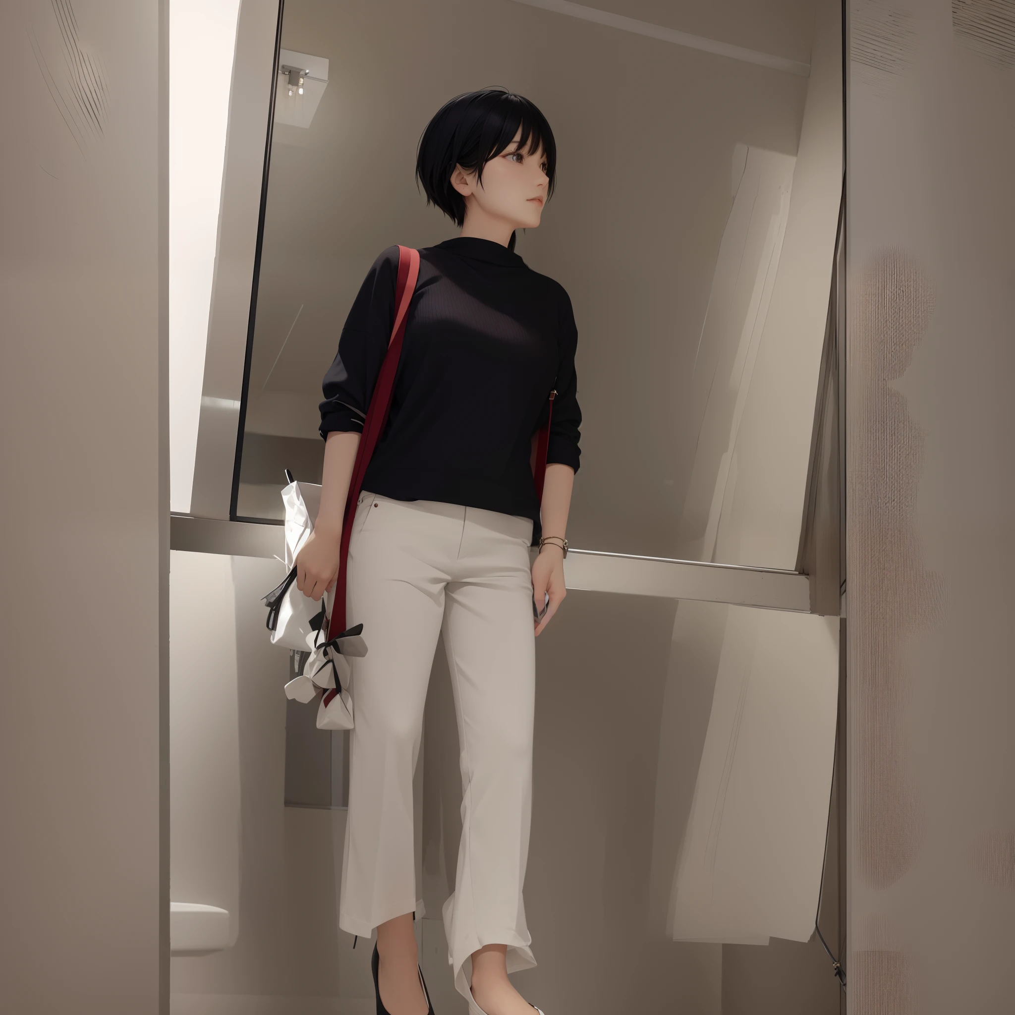 There was one carrying a red bag,Woman holding a rose in her hand stands in front of the window,full bodyesbian, Simple style, White knitwear,Black flared pants, style of yoshii chie, Dynamic, Women with short hair, Handsome girl,