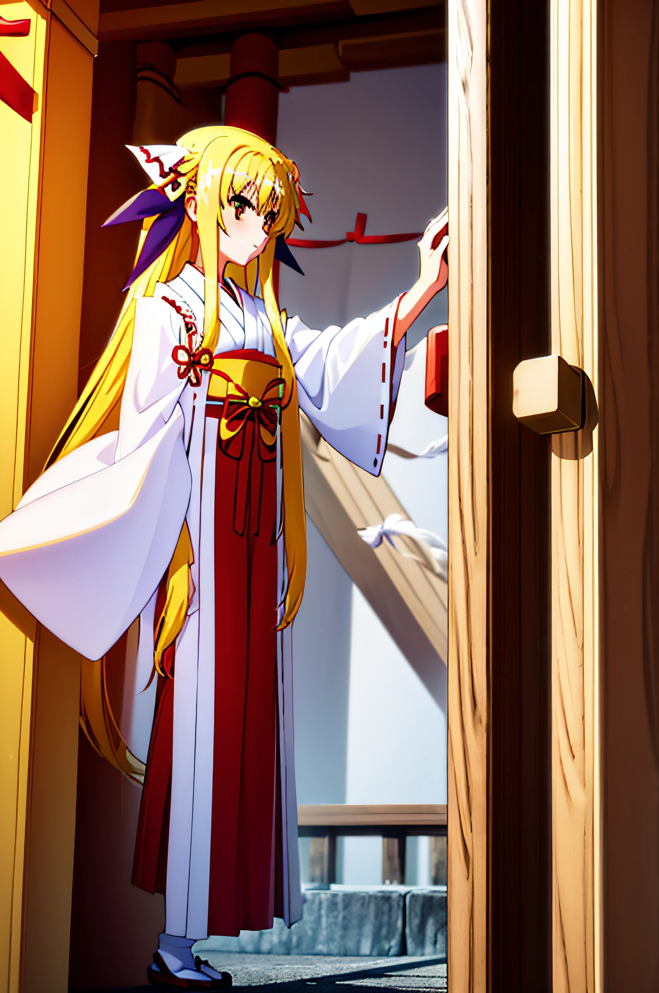 Life activities, 1girl in, ((shrines:1.5)), ((strong breeze)),(masutepiece:1.2), Best Quality,Best Beautiful Girl, High resolution, Unity 8k壁纸, (Illustration:0.8), Perfect Lighting, extremely details CG, (Perfect hands, Perfect Anatomy),model poses,Eyes open,(masutepiece:1.2), Best Quality, Fate Testarossa, 1girl in, Long hair, Twin-tailed, a black ribbon,((shrine maiden clothe:1.5)), Park, High resolution, Unity 8k壁纸, (Illustration:0.8), extra detailed face, Perfect Lighting, extremely details CG, (Perfect hands, Perfect Anatomy),masutepiece, Best Quality,Cowboy Shot,red blush,((9 Talents:1.5))、tiny girl,tiny chest,Embarrassed look,serving,