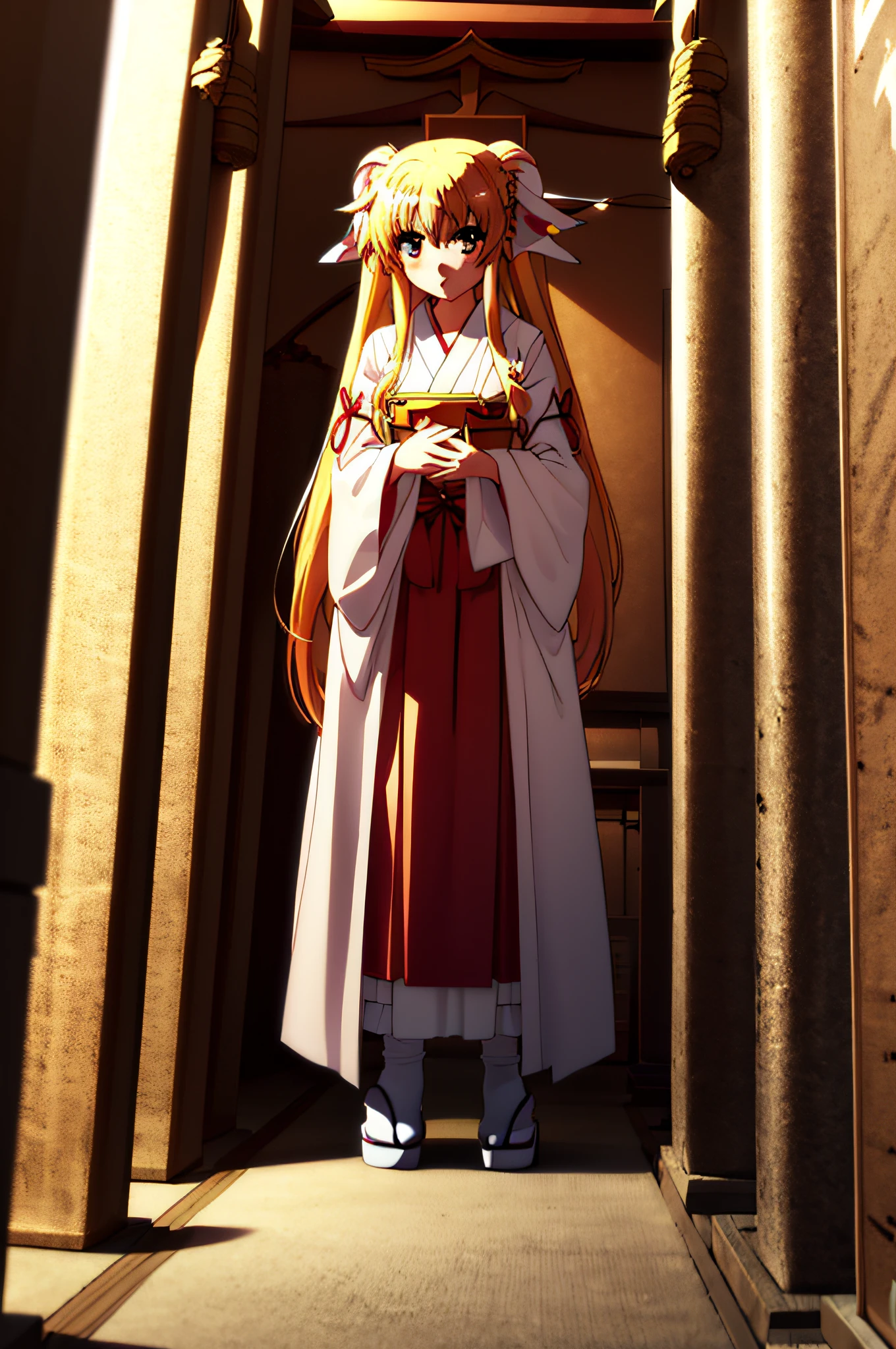 Life activities, 1girl in, ((shrines:1.5)), ((strong breeze)),(masutepiece:1.2), Best Quality,Best Beautiful Girl, High resolution, Unity 8k壁纸, (Illustration:0.8), Perfect Lighting, extremely details CG, (Perfect hands, Perfect Anatomy),model poses,Eyes open,(masutepiece:1.2), Best Quality, Fate Testarossa, 1girl in, Long hair, Twin-tailed, a black ribbon,((shrine maiden clothe:1.5)), Park, High resolution, Unity 8k壁纸, (Illustration:0.8), extra detailed face, Perfect Lighting, extremely details CG, (Perfect hands, Perfect Anatomy),masutepiece, Best Quality,Cowboy Shot,red blush,((9 Talents:1.5))、tiny girl,tiny chest,Embarrassed look,serving,