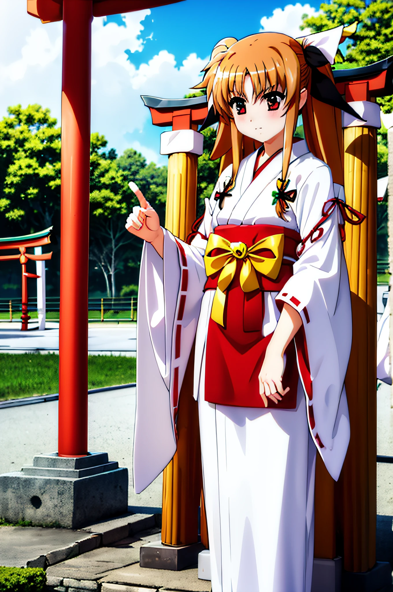 Life activities, 1girl in, ((shrines:1.5)), ((strong breeze)),(masutepiece:1.2), Best Quality,Best Beautiful Girl, High resolution, Unity 8k壁纸, (Illustration:0.8), Perfect Lighting, extremely details CG, (Perfect hands, Perfect Anatomy),model poses,Eyes open,(masutepiece:1.2), Best Quality, Fate Testarossa, 1girl in, Long hair, Twin-tailed, a black ribbon,((shrine maiden clothe:1.5)), Park, High resolution, Unity 8k壁纸, (Illustration:0.8), extra detailed face, Perfect Lighting, extremely details CG, (Perfect hands, Perfect Anatomy),masutepiece, Best Quality,Cowboy Shot,red blush,((9 Talents:1.5))、tiny girl,tiny chest,Embarrassed look,serving,