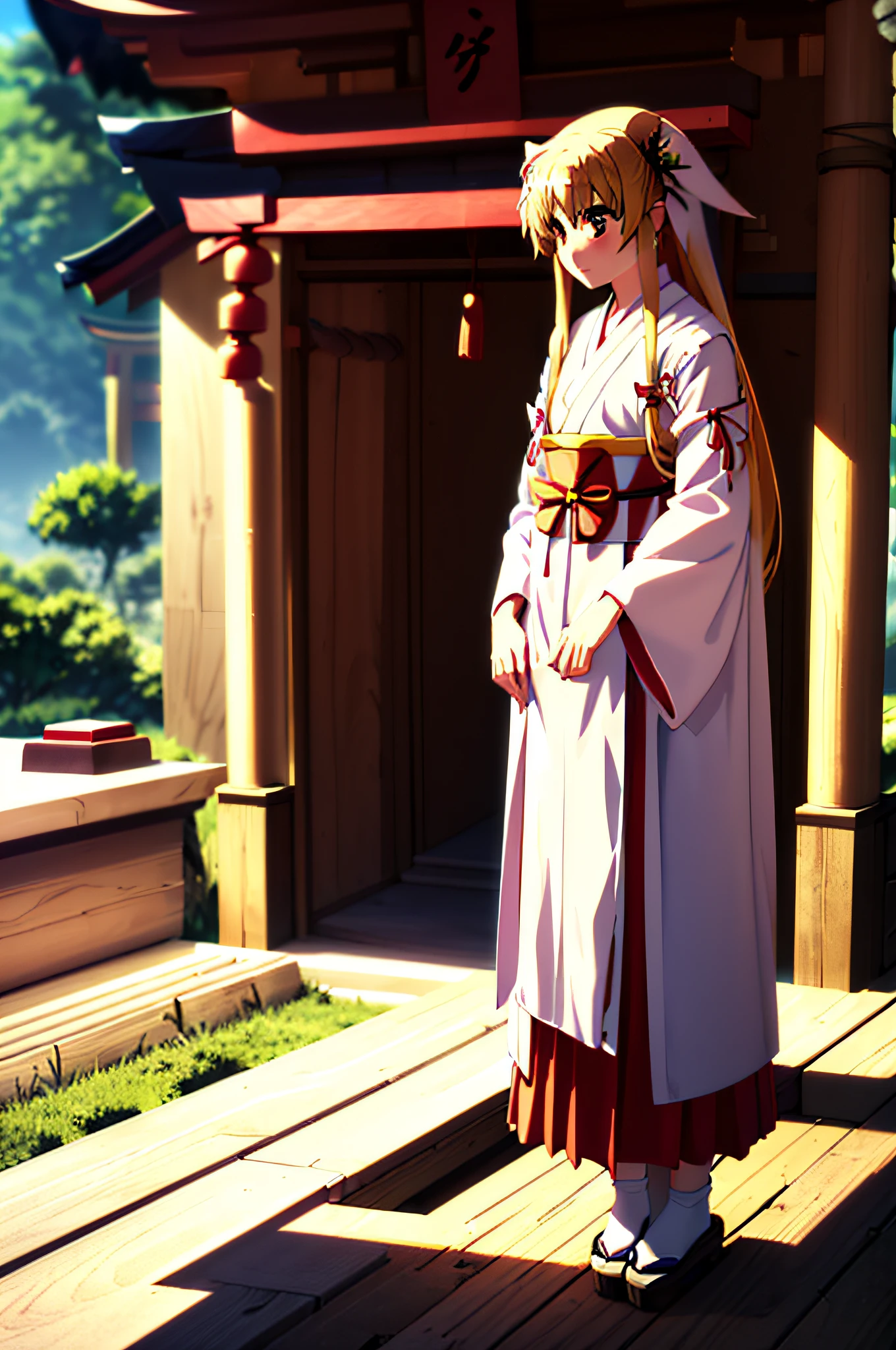 Life activities, 1girl in, ((shrines:1.5)), ((strong breeze)),(masutepiece:1.2), Best Quality,Best Beautiful Girl, High resolution, Unity 8k壁纸, (Illustration:0.8), Perfect Lighting, extremely details CG, (Perfect hands, Perfect Anatomy),model poses,Eyes open,(masutepiece:1.2), Best Quality, Fate Testarossa, 1girl in, Long hair, Twin-tailed, a black ribbon,((shrine maiden clothe:1.5)), Park, High resolution, Unity 8k壁纸, (Illustration:0.8), extra detailed face, Perfect Lighting, extremely details CG, (Perfect hands, Perfect Anatomy),masutepiece, Best Quality,Cowboy Shot,red blush,((9 Talents:1.5))、tiny girl,tiny chest,Embarrassed look,serving,
