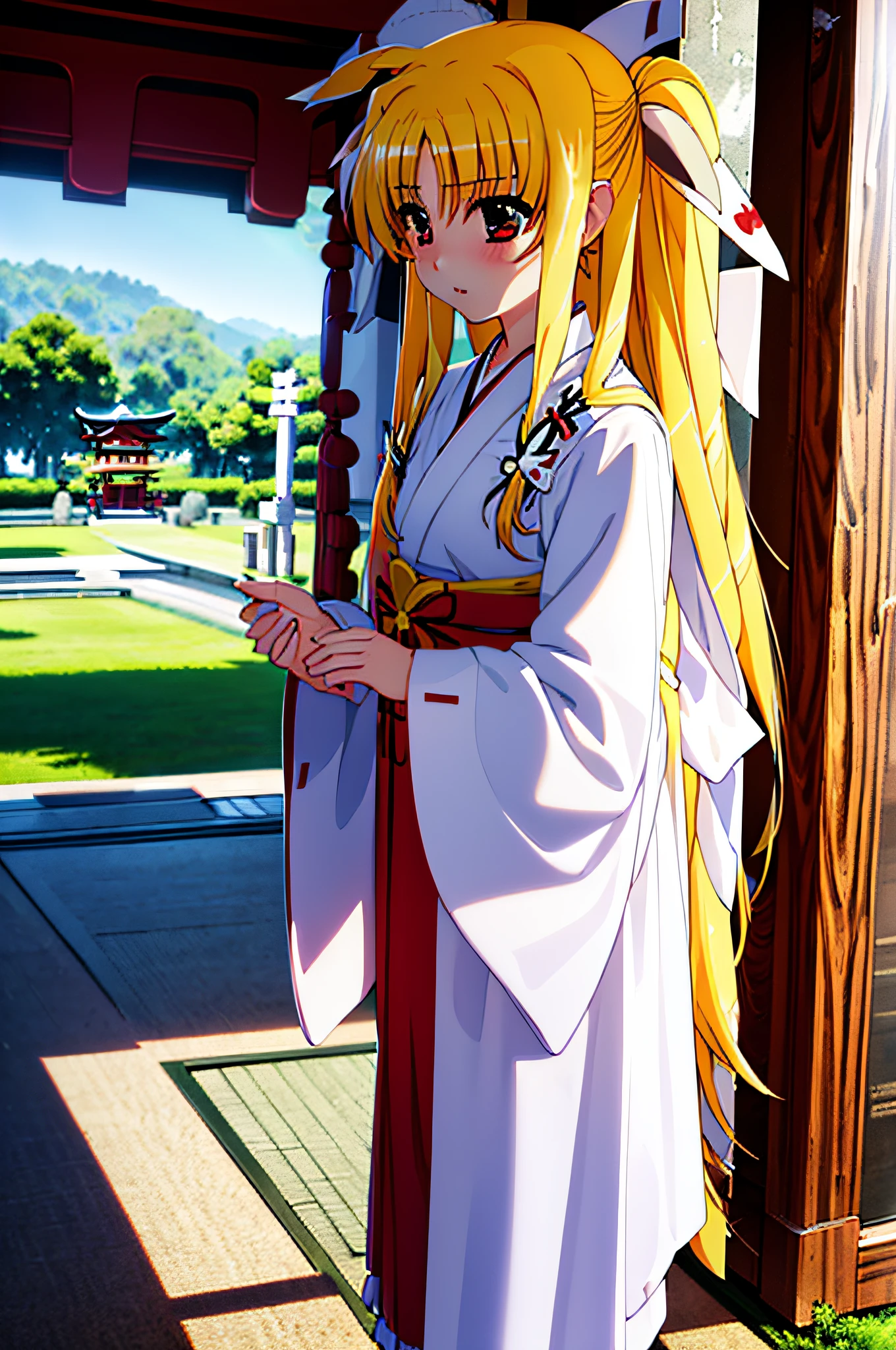 Life activities, 1girl in, ((shrines:1.5)), ((strong breeze)),(masutepiece:1.2), Best Quality,Best Beautiful Girl, High resolution, Unity 8k壁纸, (Illustration:0.8), Perfect Lighting, extremely details CG, (Perfect hands, Perfect Anatomy),model poses,Eyes open,(masutepiece:1.2), Best Quality, Fate Testarossa, 1girl in, Long hair, Twin-tailed, a black ribbon,((shrine maiden clothe:1.5)), Park, High resolution, Unity 8k壁纸, (Illustration:0.8), extra detailed face, Perfect Lighting, extremely details CG, (Perfect hands, Perfect Anatomy),masutepiece, Best Quality,Cowboy Shot,red blush,((9 Talents:1.5))、tiny girl,tiny chest,Embarrassed look,serving,